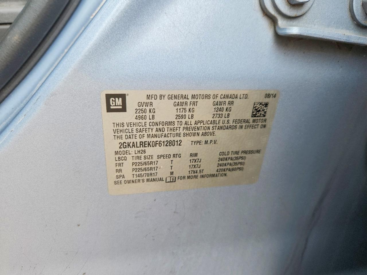 2015 Gmc Terrain Sle Blue vin: 2GKALREK0F6128012