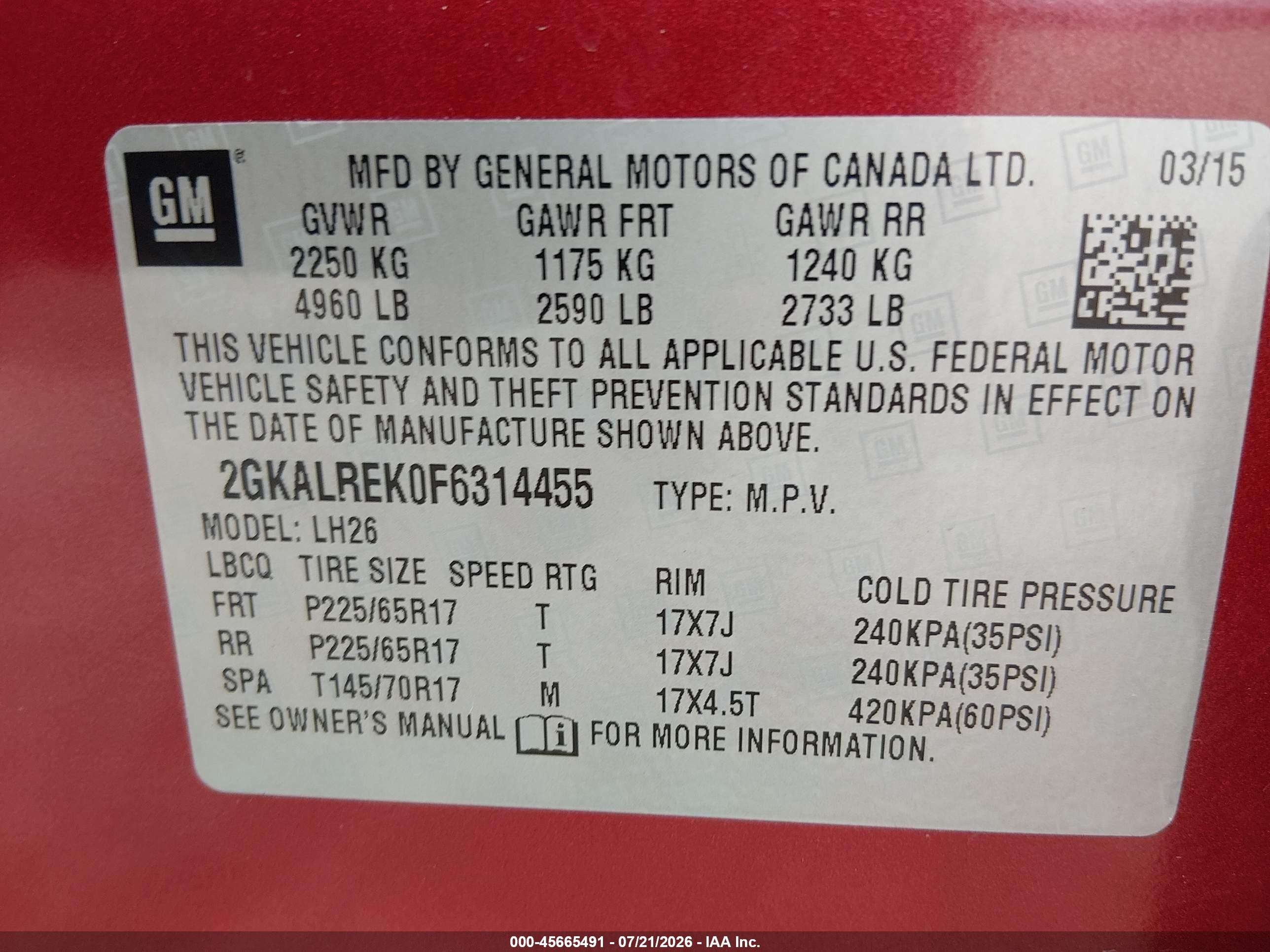 2015 Gmc Terrain Sle-2 Burgundy vin: 2GKALREK0F6314455