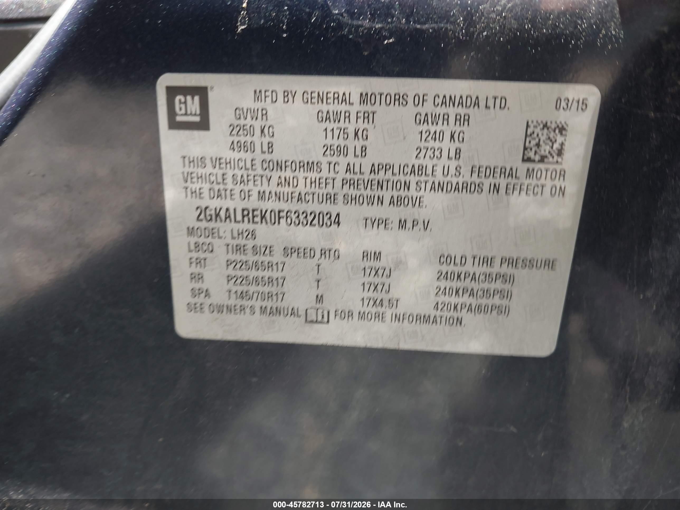 2015 Gmc Terrain Sle-2 Blue vin: 2GKALREK0F6332034