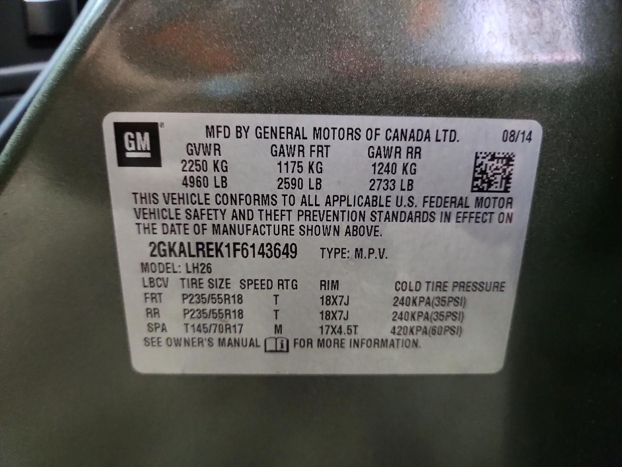 2015 Gmc Terrain Sle Green vin: 2GKALREK1F6143649