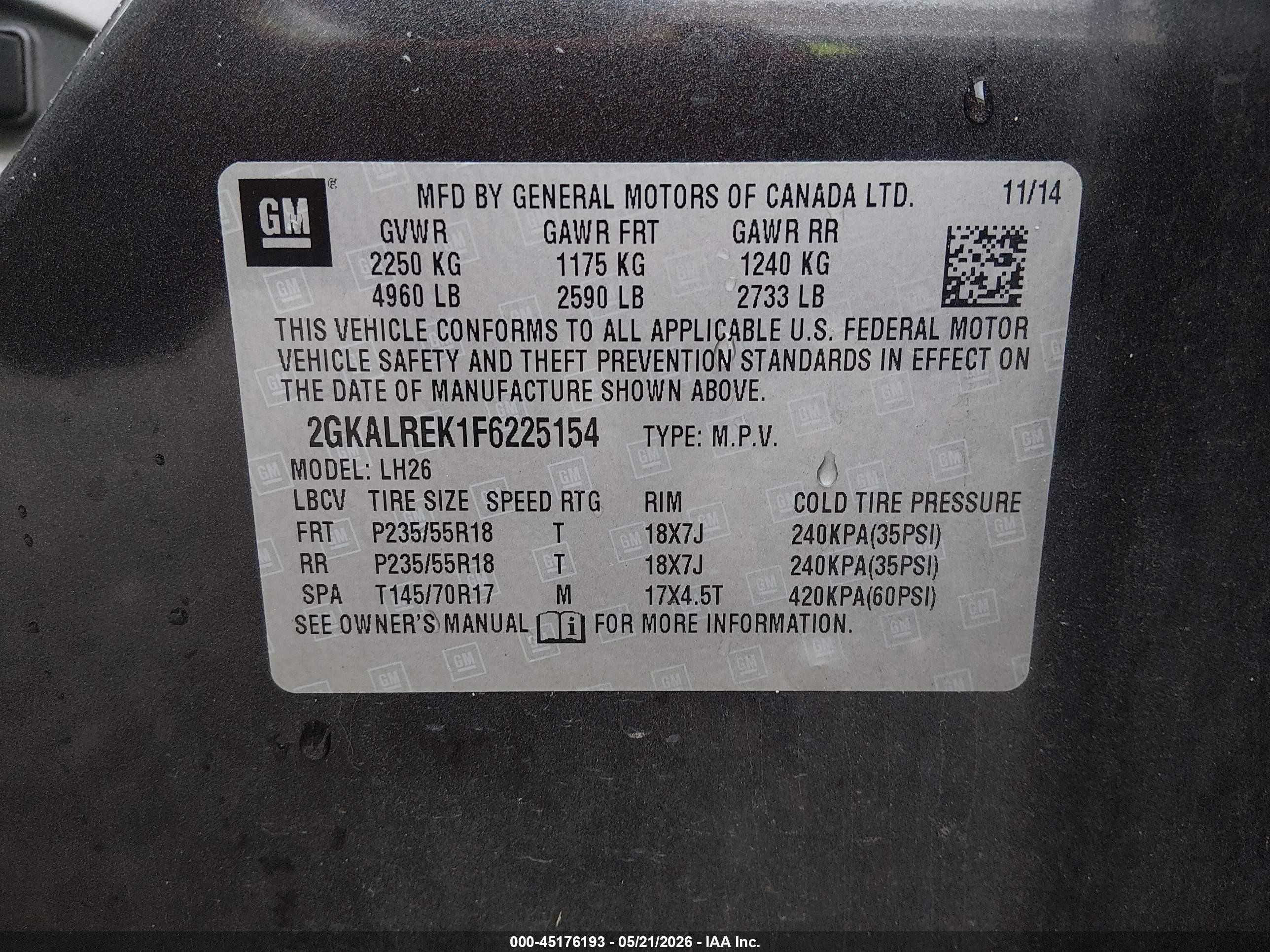 2015 Gmc Terrain Sle-2 Black vin: 2GKALREK1F6225154