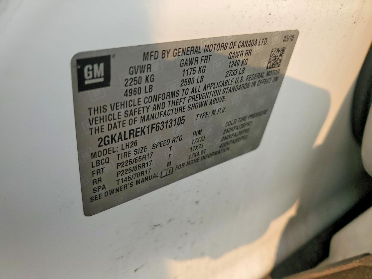 2015 Gmc Terrain Sle Белый vin: 2GKALREK1F6313105