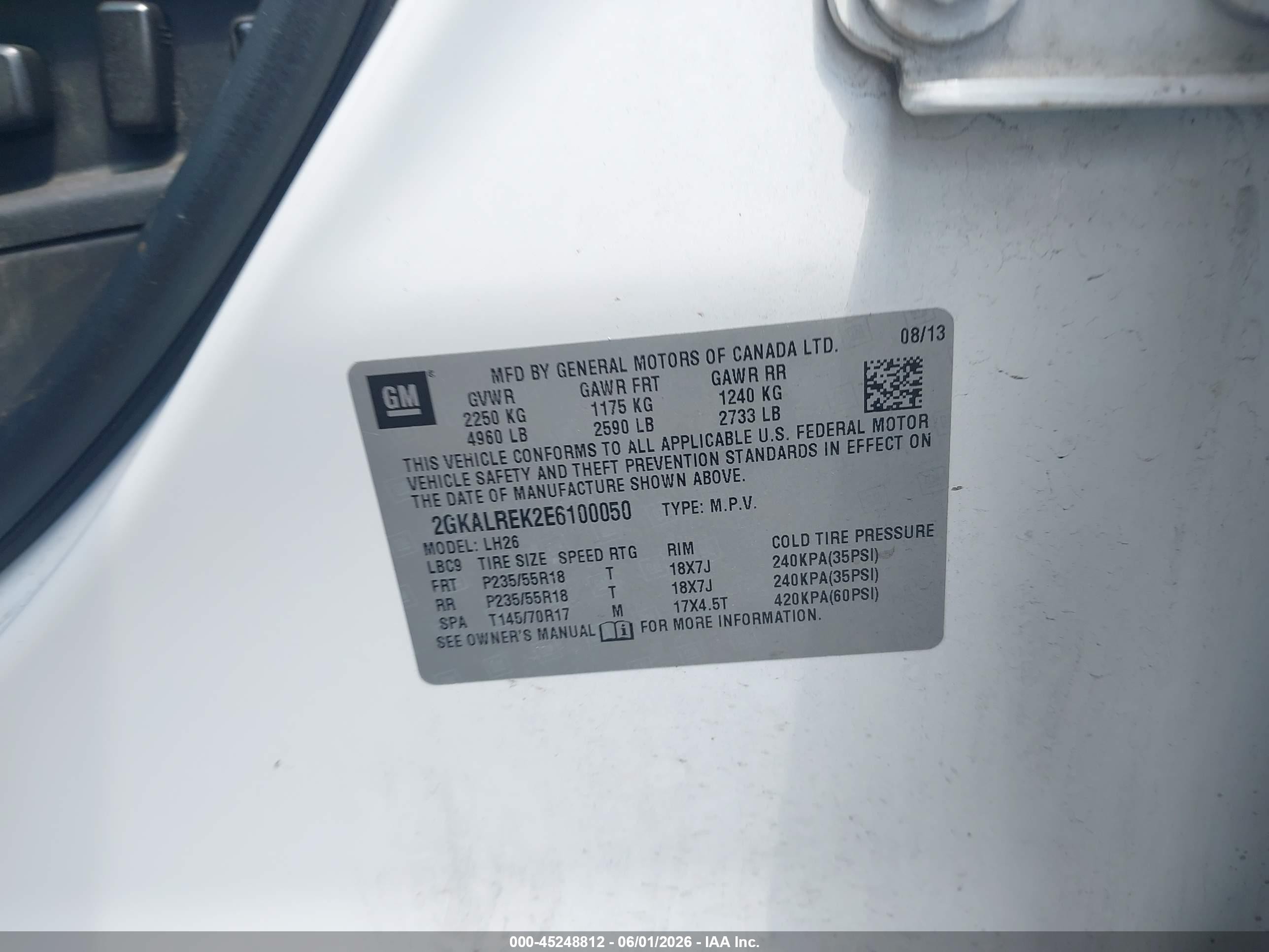 2014 Gmc Terrain Sle-2 White vin: 2GKALREK2E6100050