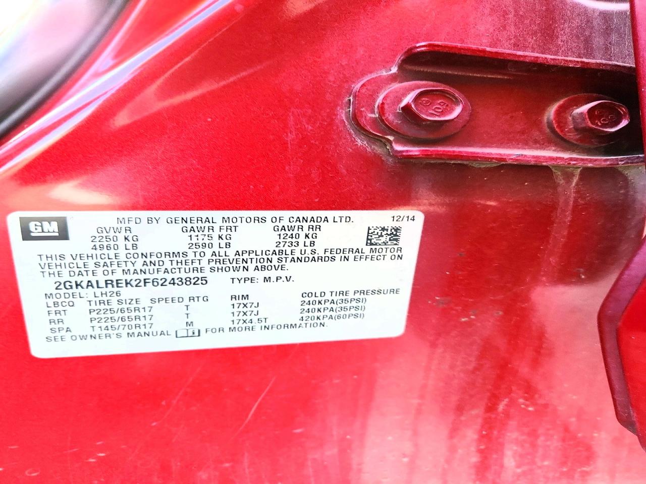 2015 Gmc Terrain Sle Red vin: 2GKALREK2F6243825