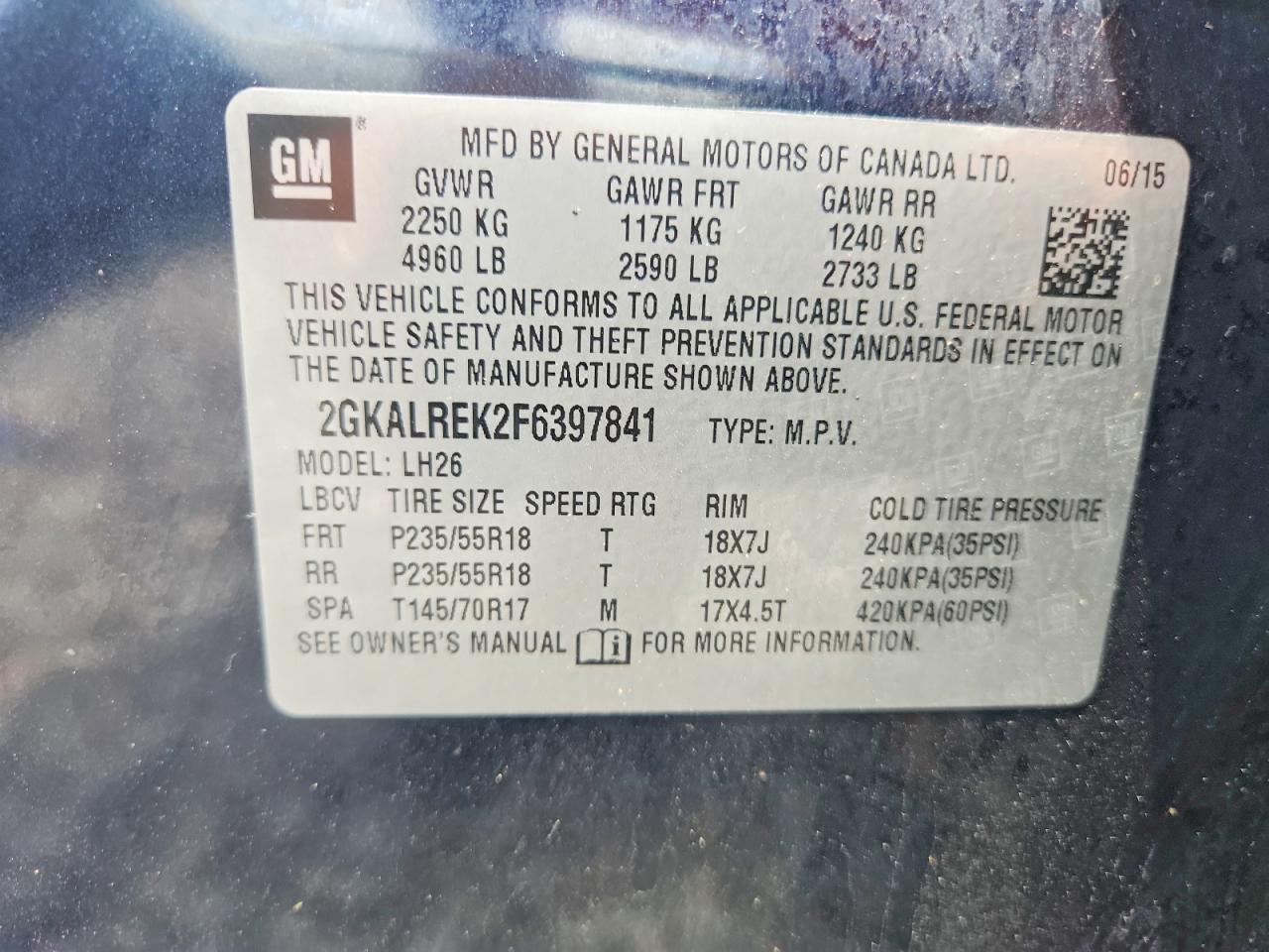 2015 Gmc Terrain Sle Blue vin: 2GKALREK2F6397841