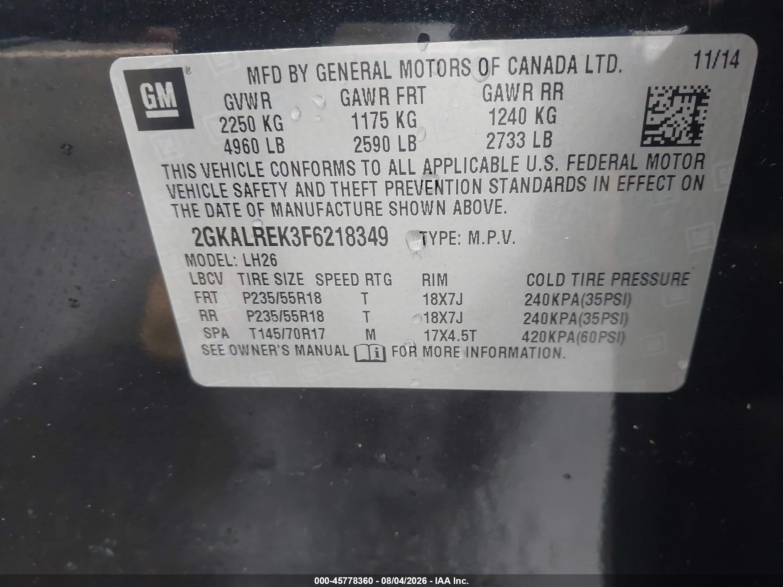 2015 Gmc Terrain Sle-2 Black vin: 2GKALREK3F6218349