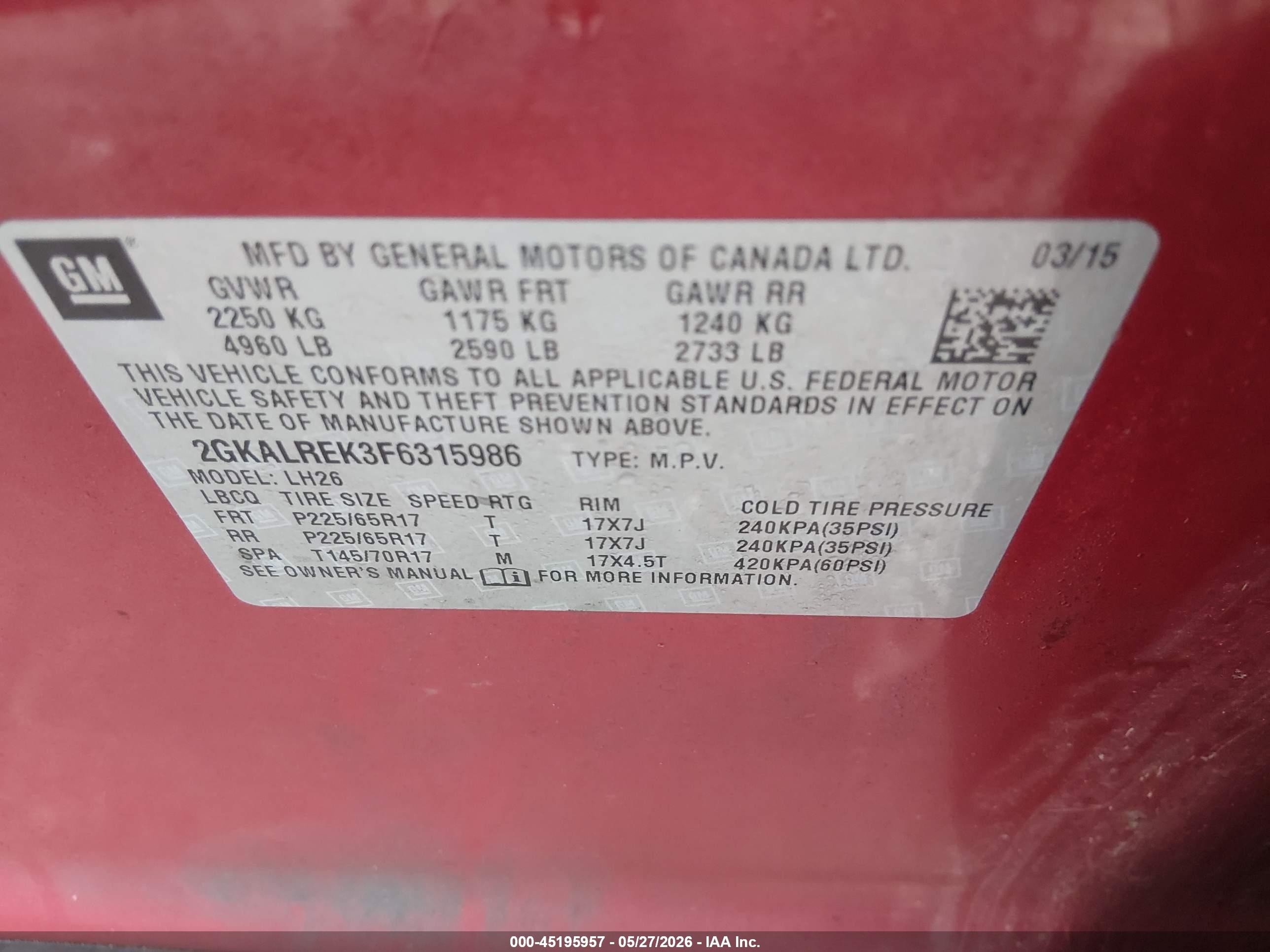 2015 Gmc Terrain Sle-2 Red vin: 2GKALREK3F6315986