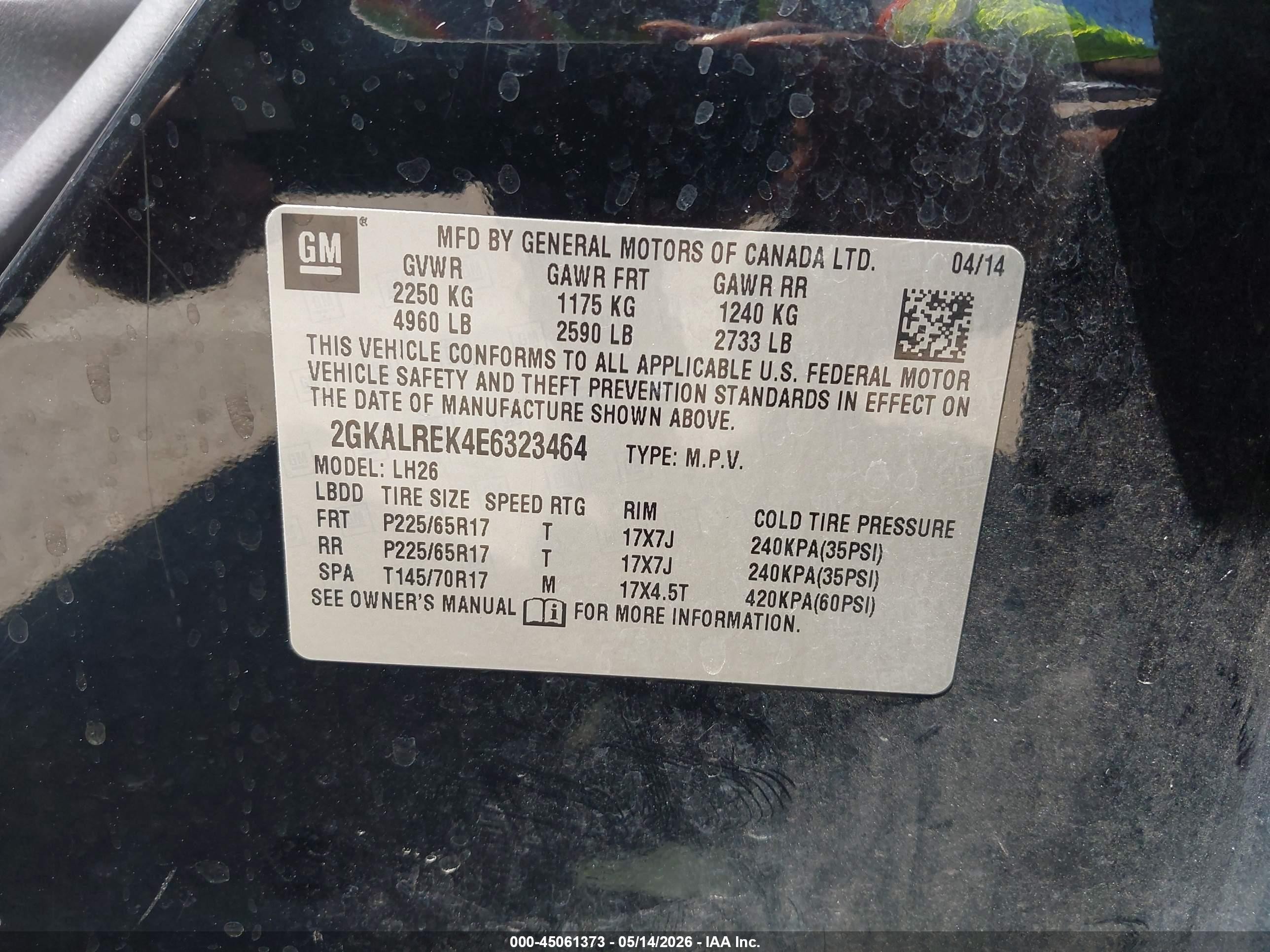 2014 Gmc Terrain Sle-2 Black vin: 2GKALREK4E6323464