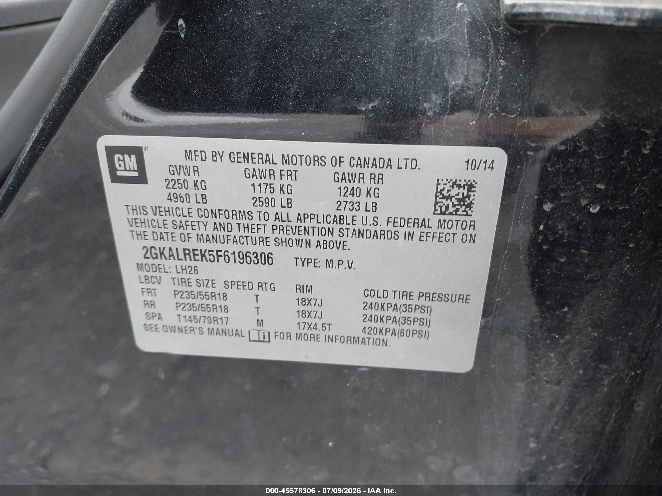 2015 Gmc Terrain Sle-2 Black vin: 2GKALREK5F6196306