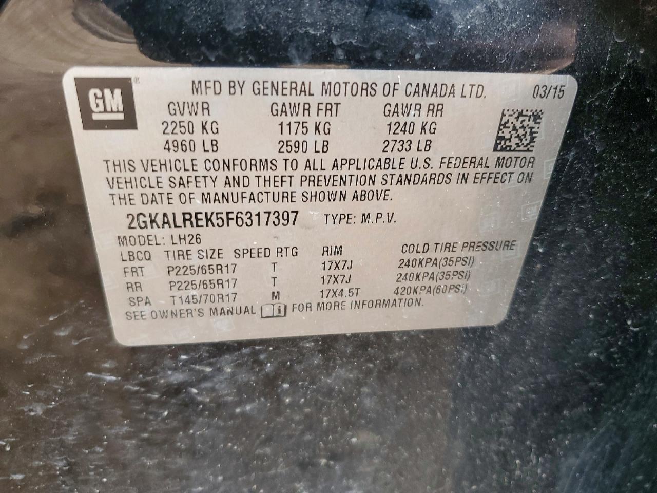2015 Gmc Terrain Sle Black vin: 2GKALREK5F6317397