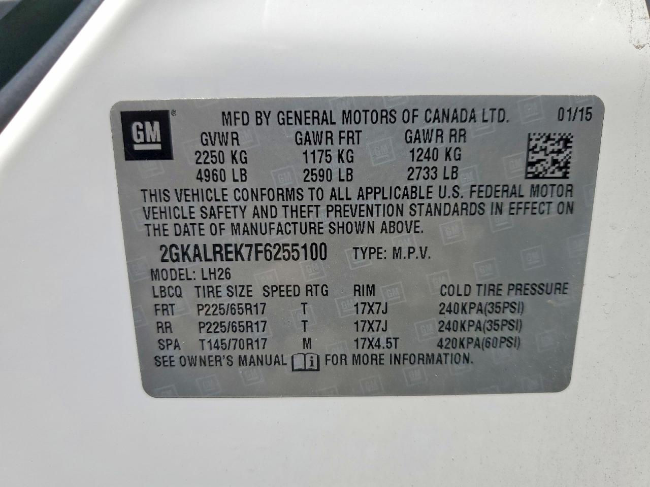 2015 Gmc Terrain Sle White vin: 2GKALREK7F6255100