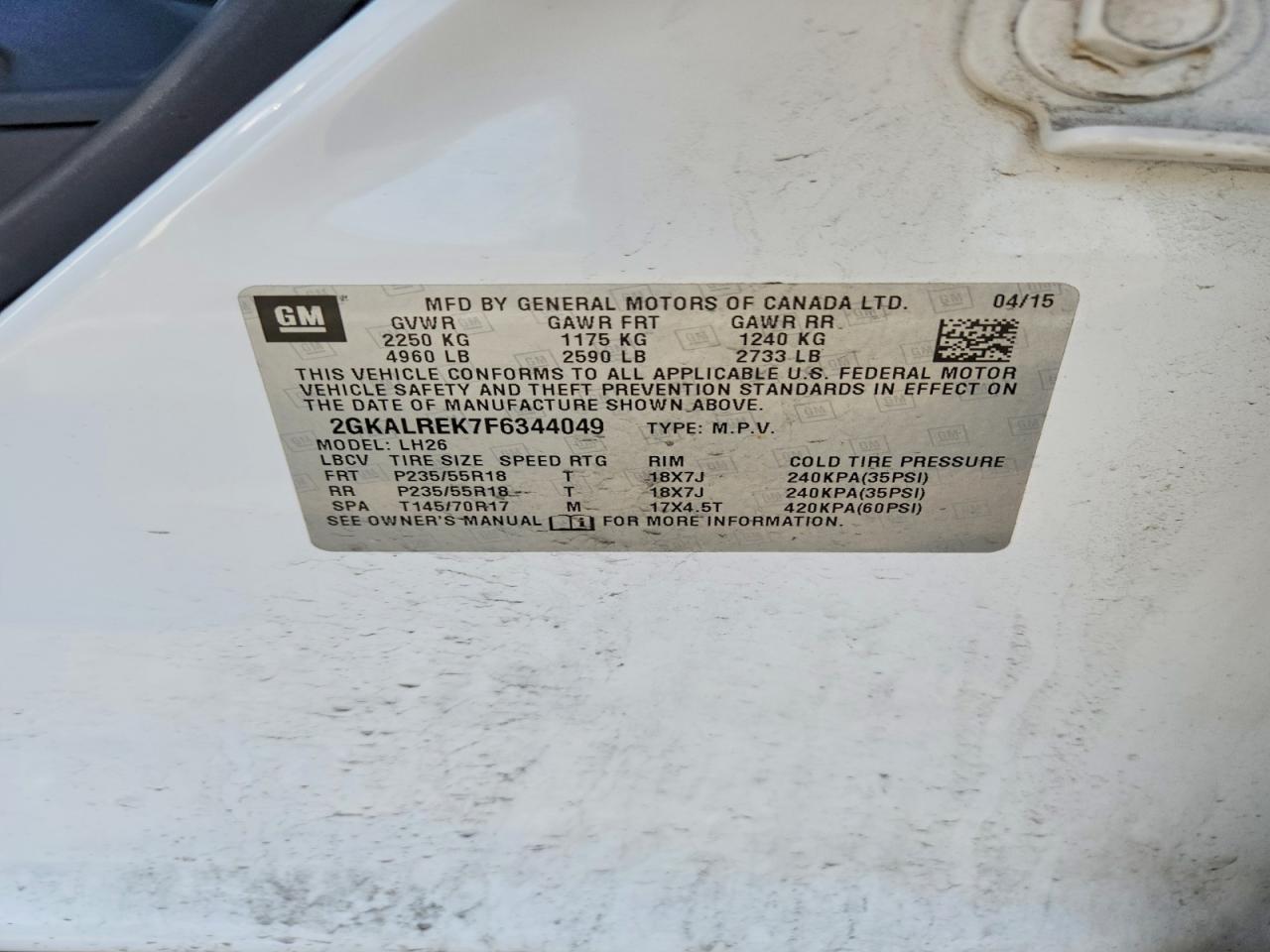 2015 Gmc Terrain Sle White vin: 2GKALREK7F6344049