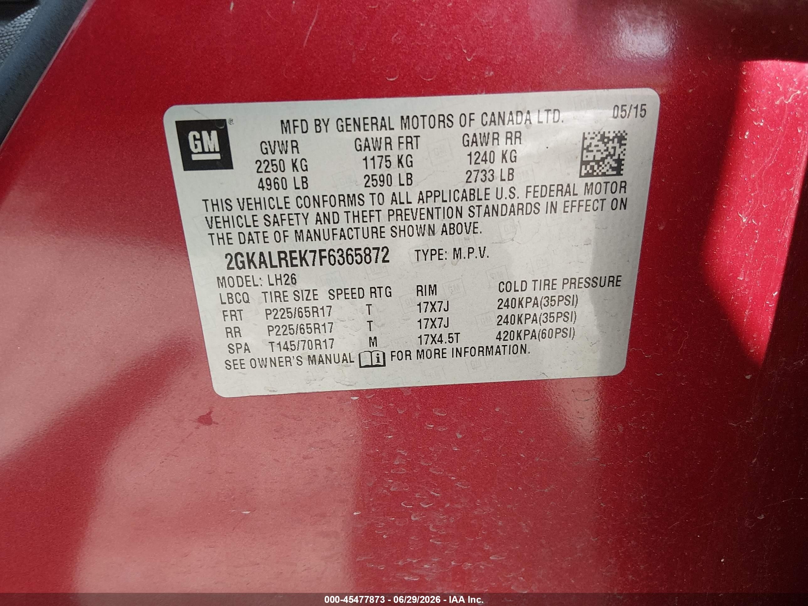 2015 Gmc Terrain Sle-2 Red vin: 2GKALREK7F6365872