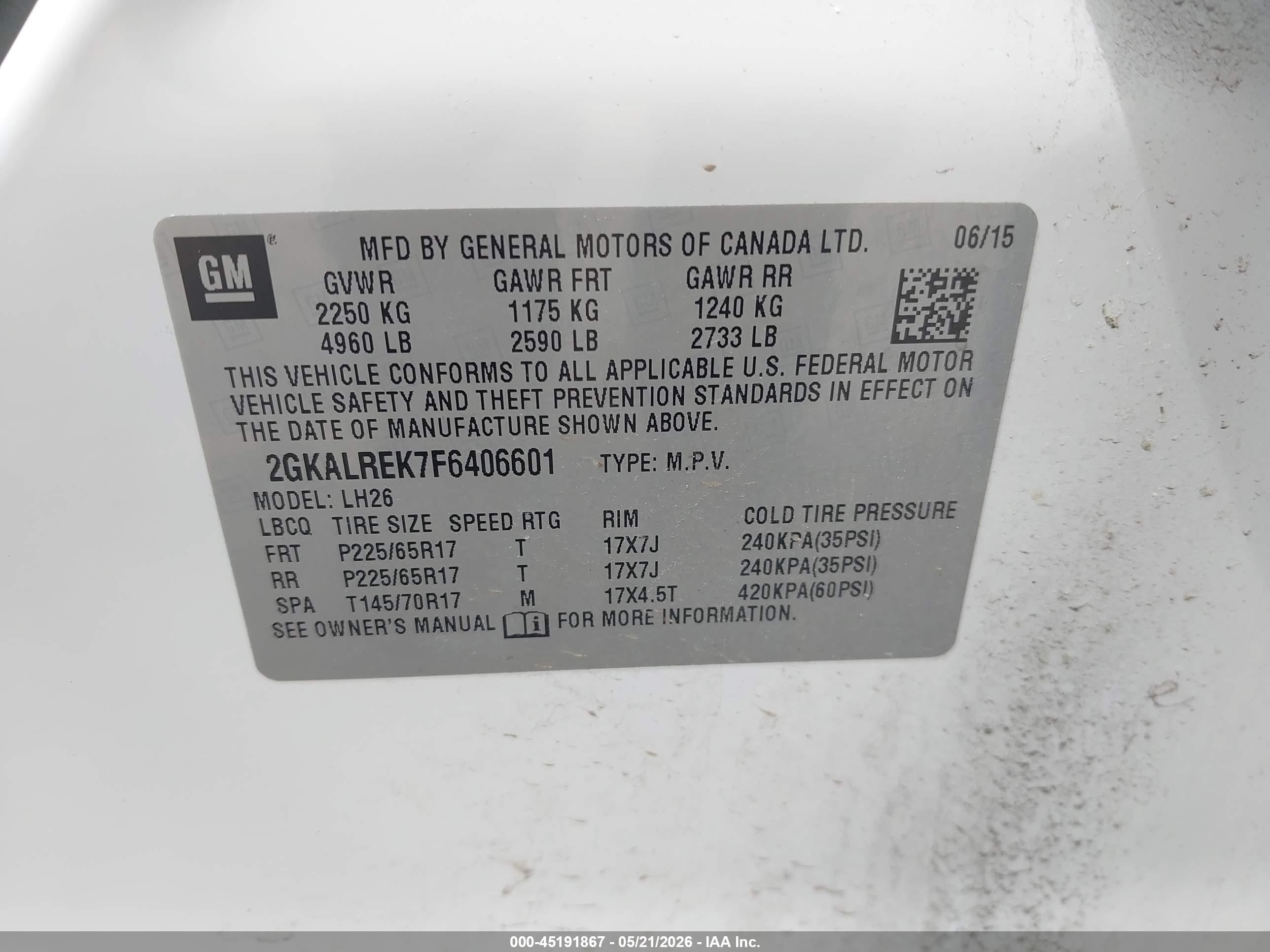 2015 Gmc Terrain Sle-2 White vin: 2GKALREK7F6406601
