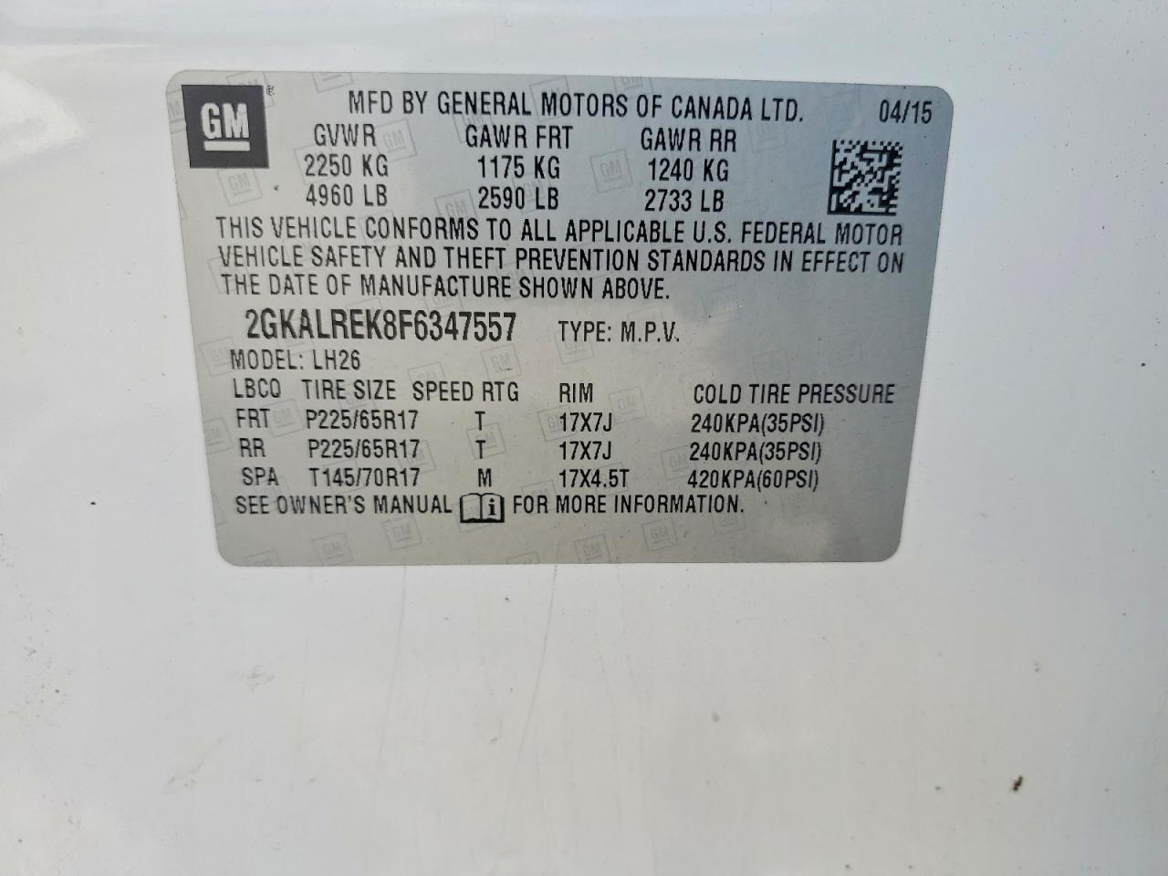 2015 Gmc Terrain Sle White vin: 2GKALREK8F6347557