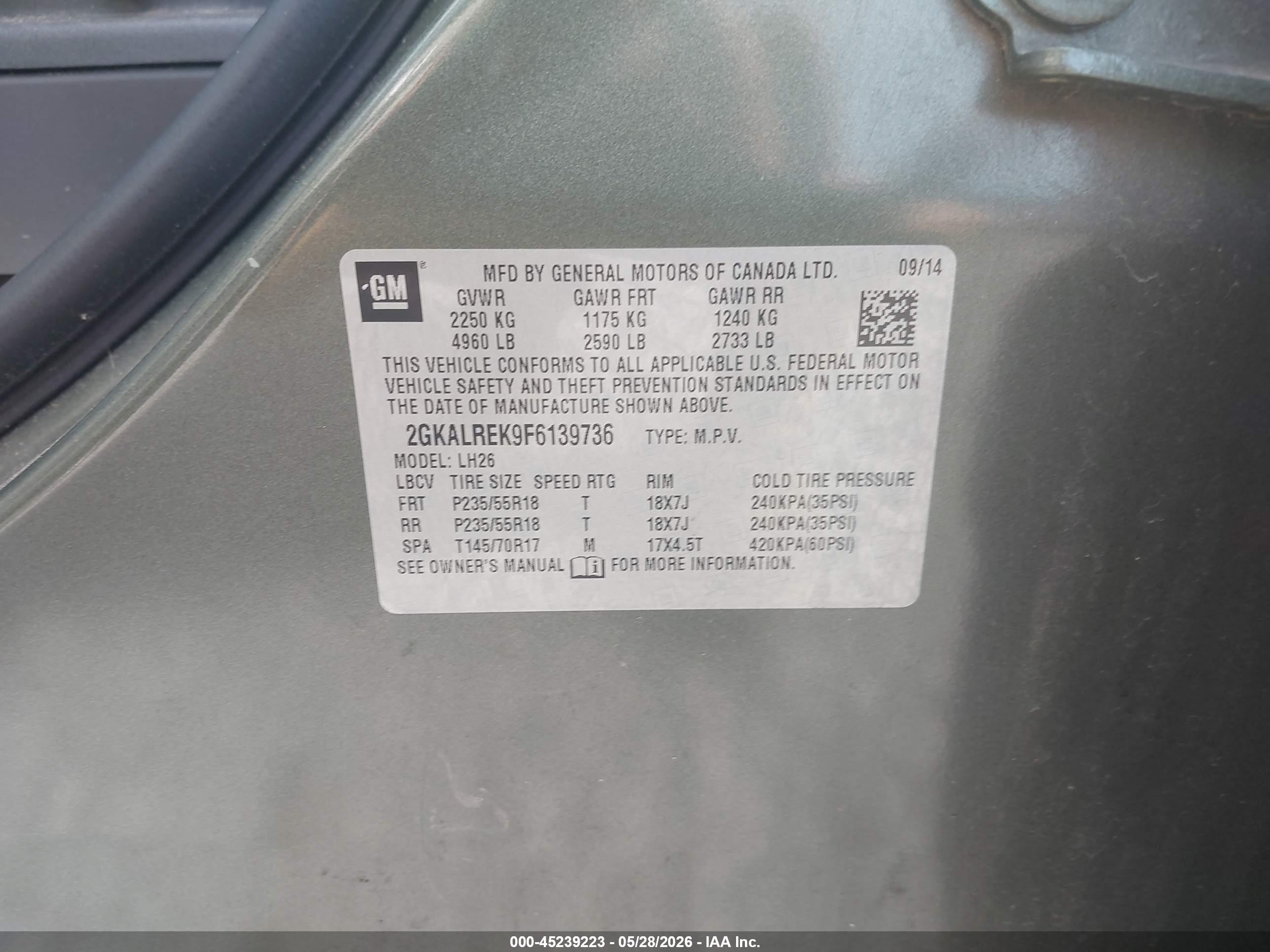 2015 Gmc Terrain Sle-2 Green vin: 2GKALREK9F6139736