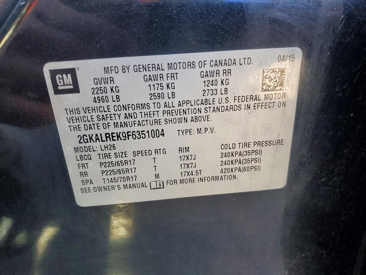2015 Gmc Terrain Sle Black vin: 2GKALREK9F6351004