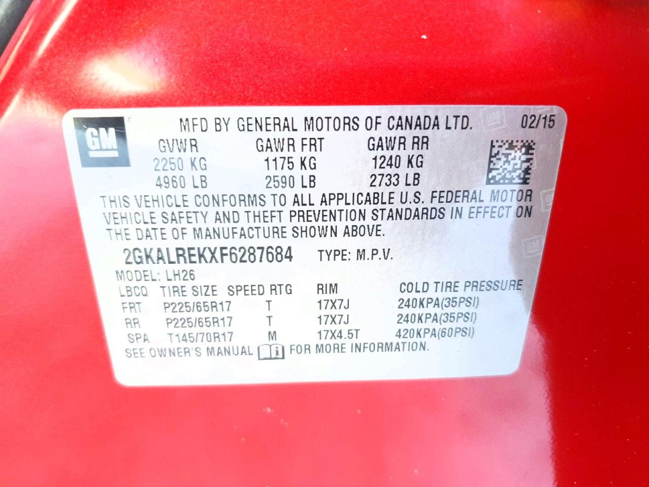 2015 Gmc Terrain Sle Red vin: 2GKALREKXF6287684