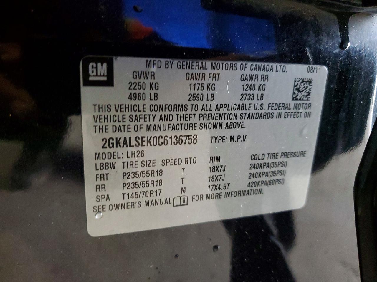 2012 Gmc Terrain Sle Black vin: 2GKALSEK0C6136758