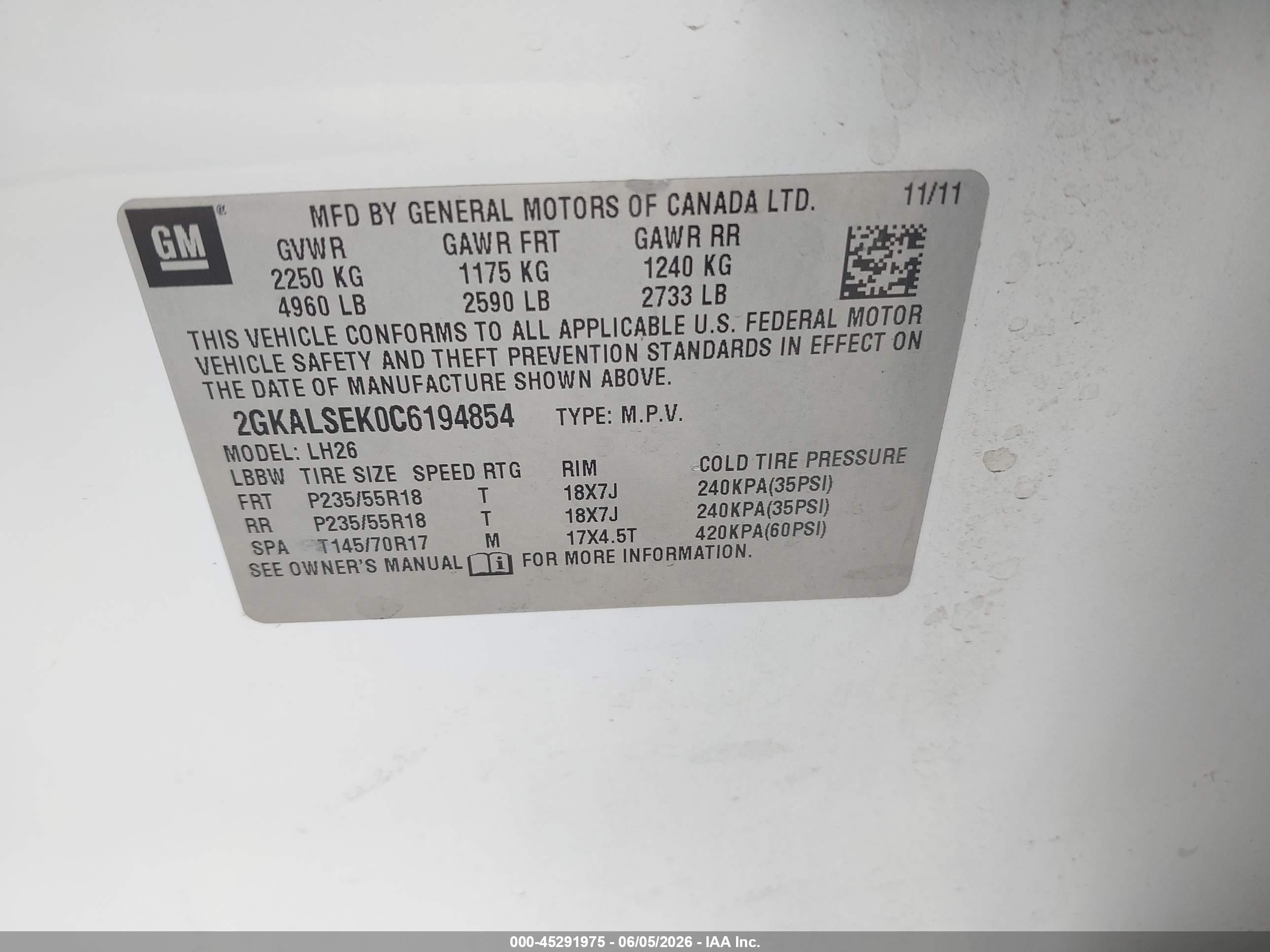 2012 Gmc Terrain Sle-2 White vin: 2GKALSEK0C6194854