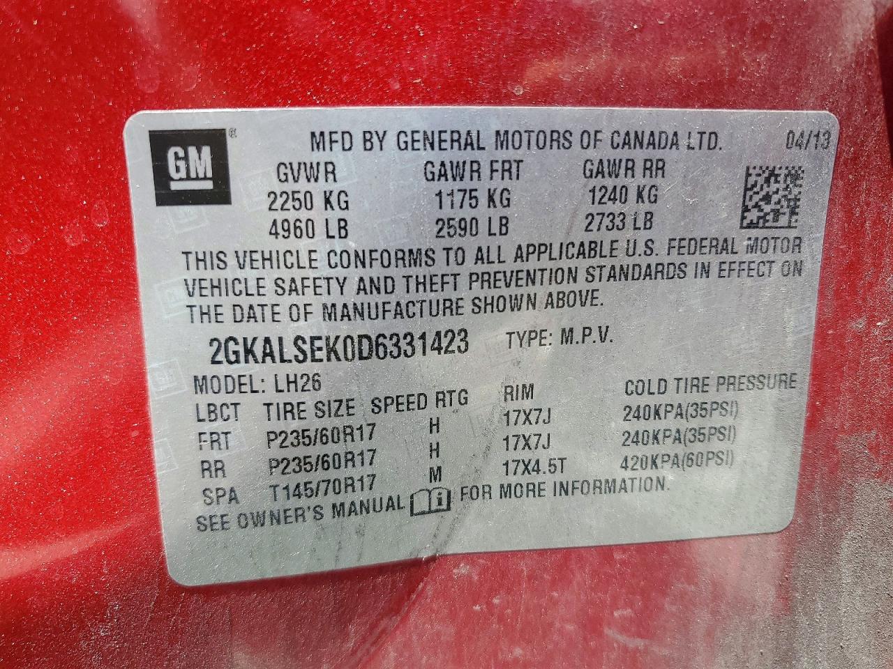 2013 Gmc Terrain Sle Red vin: 2GKALSEK0D6331423