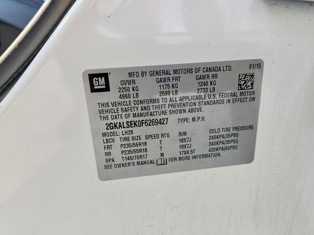 2015 Gmc Terrain Slt White vin: 2GKALSEK0F6269427