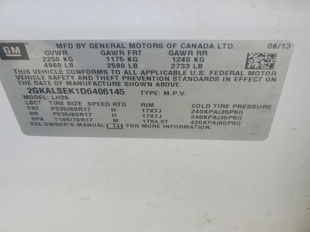 2013 Gmc Terrain Sle White vin: 2GKALSEK1D6406145