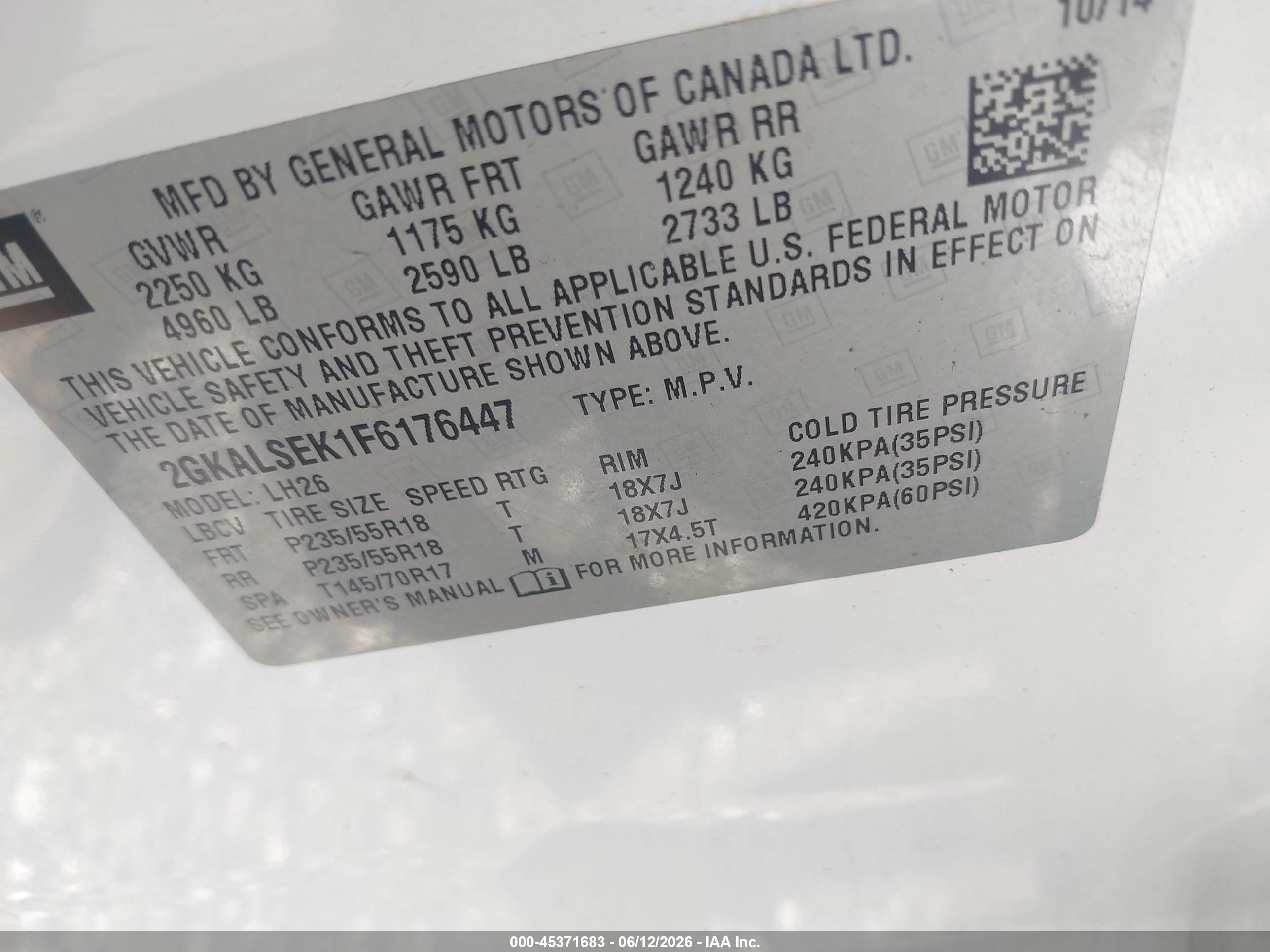 2015 Gmc Terrain Slt-1 White vin: 2GKALSEK1F6176447