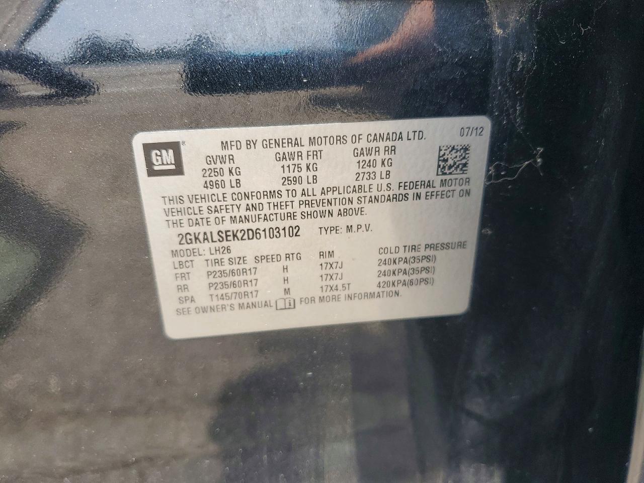 2013 Gmc Terrain Sle Black vin: 2GKALSEK2D6103102