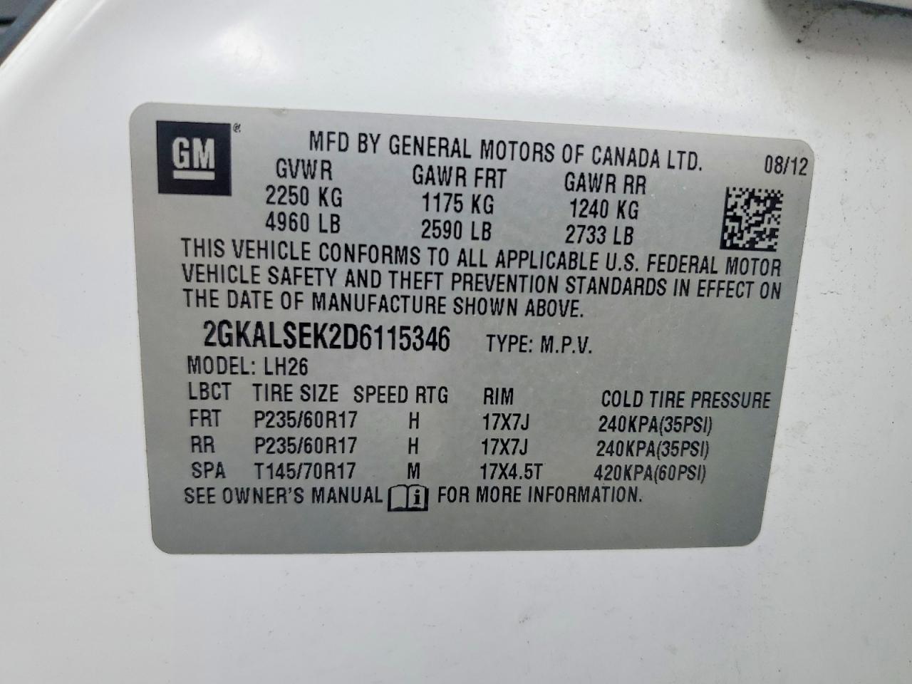 2013 Gmc Terrain Sle White vin: 2GKALSEK2D6115346