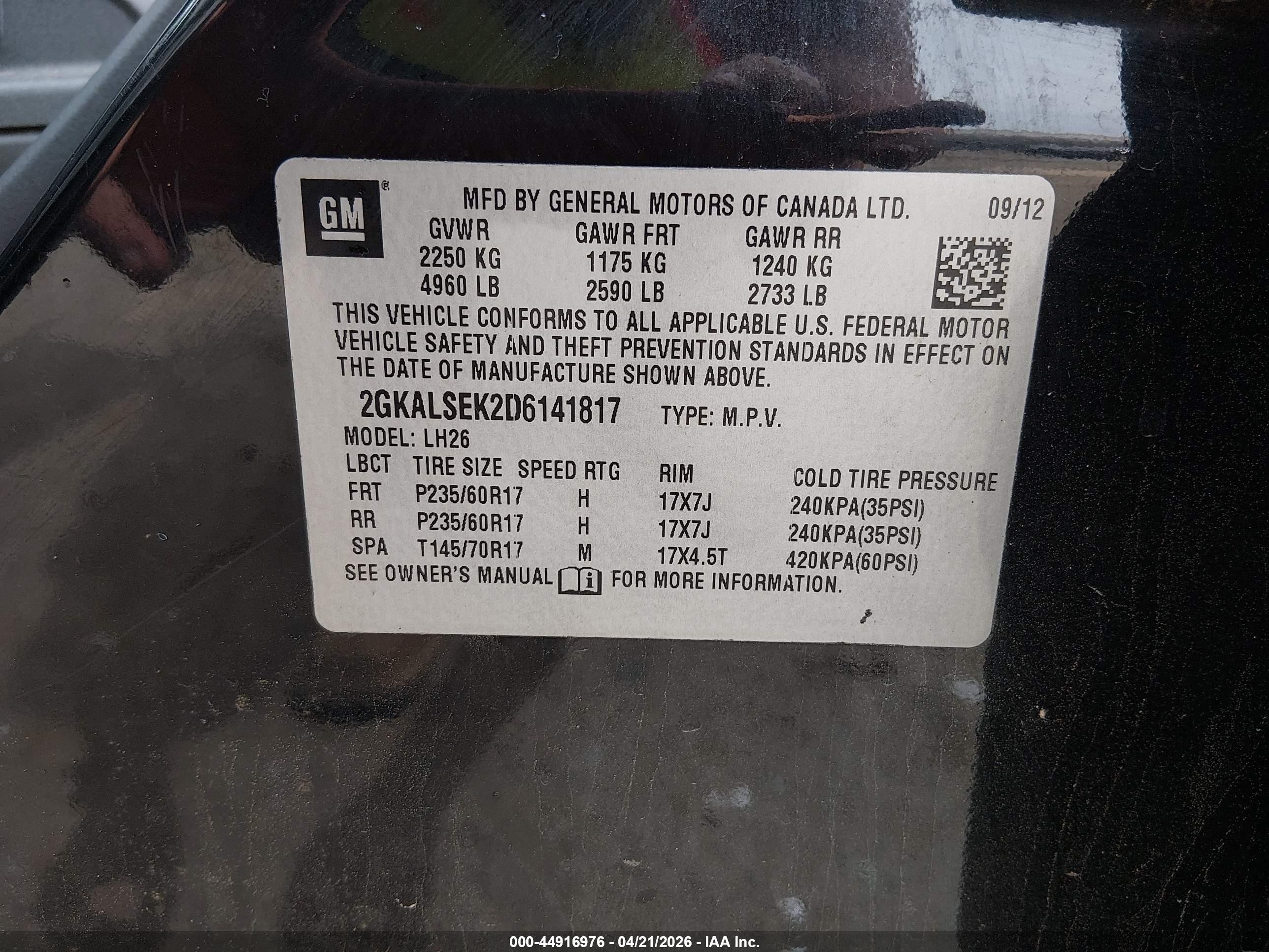 2013 Gmc Terrain Sle-2 Black vin: 2GKALSEK2D6141817