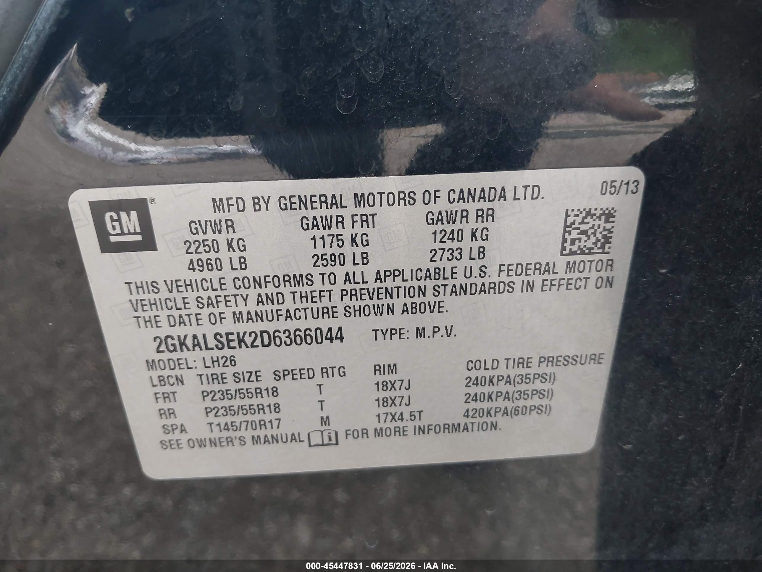 2013 Gmc Terrain Sle-2 Black vin: 2GKALSEK2D6366044