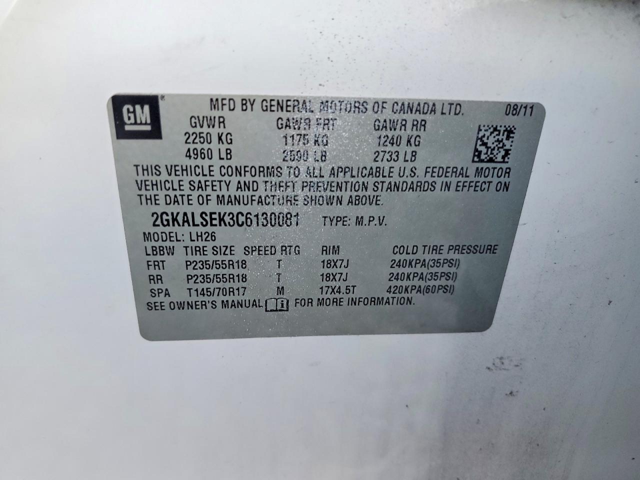 2012 Gmc Terrain Sle White vin: 2GKALSEK3C6130081