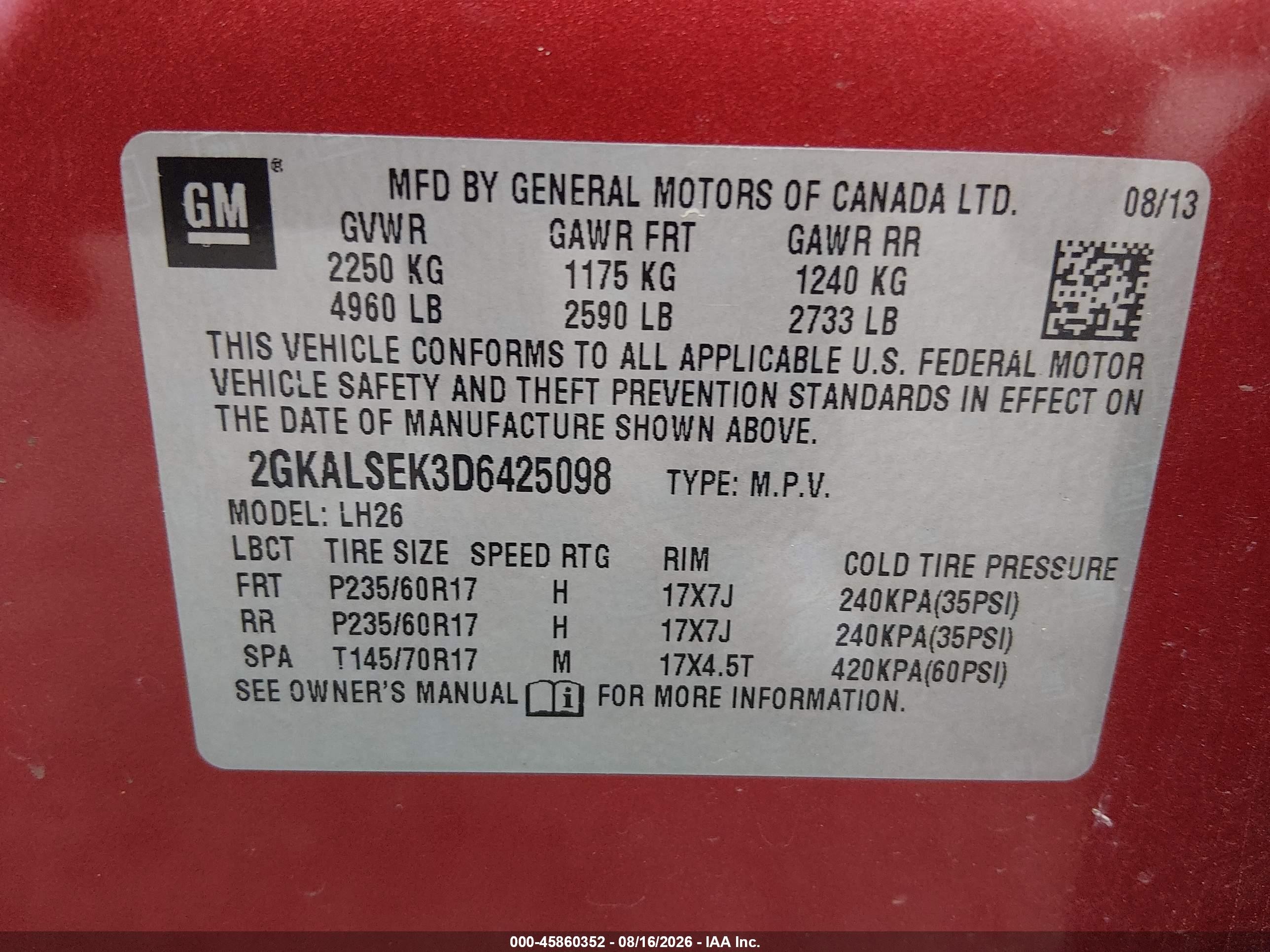 2013 Gmc Terrain Sle-2 Red vin: 2GKALSEK3D6425098