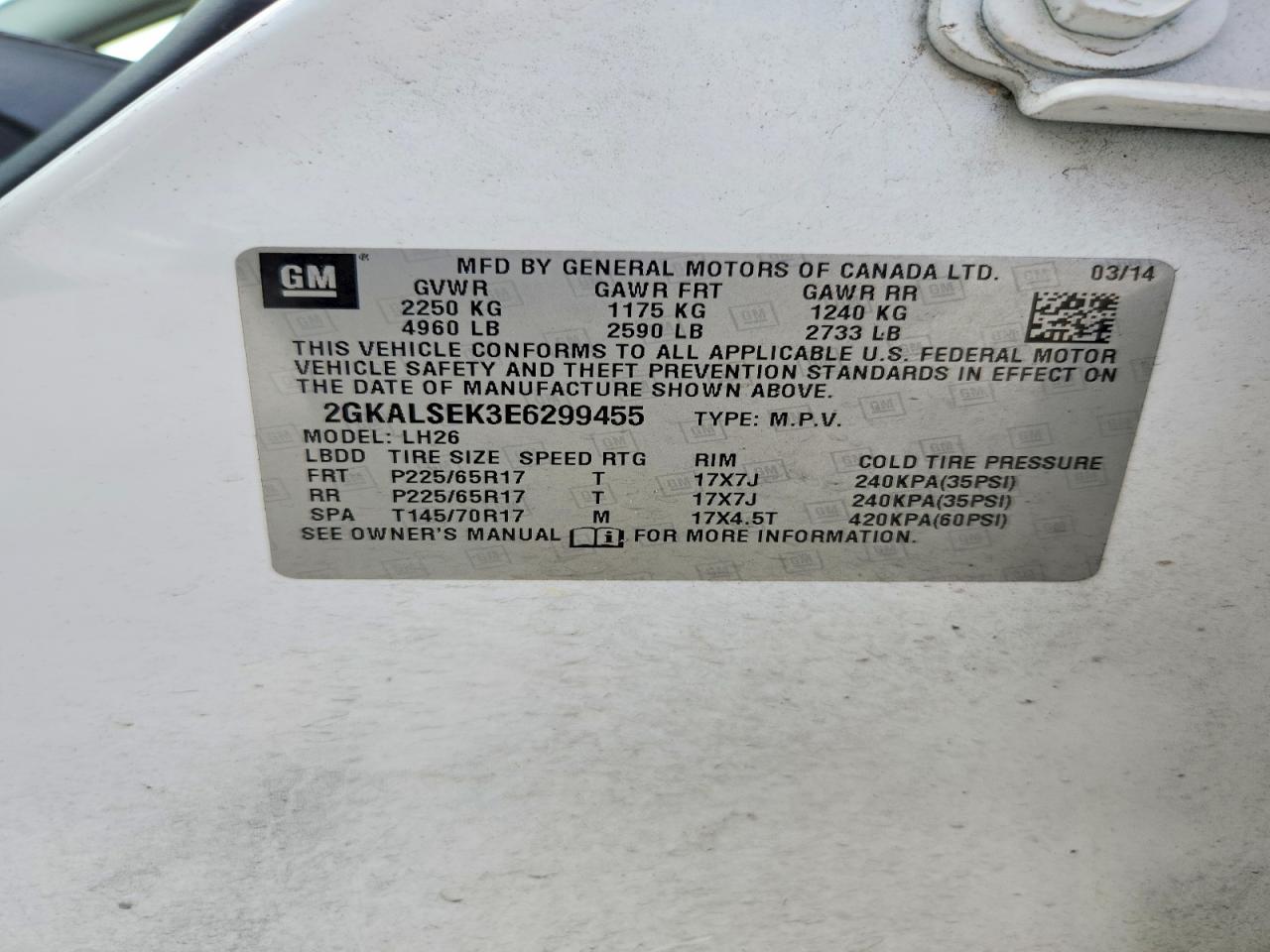 2014 Gmc Terrain Slt White vin: 2GKALSEK3E6299455