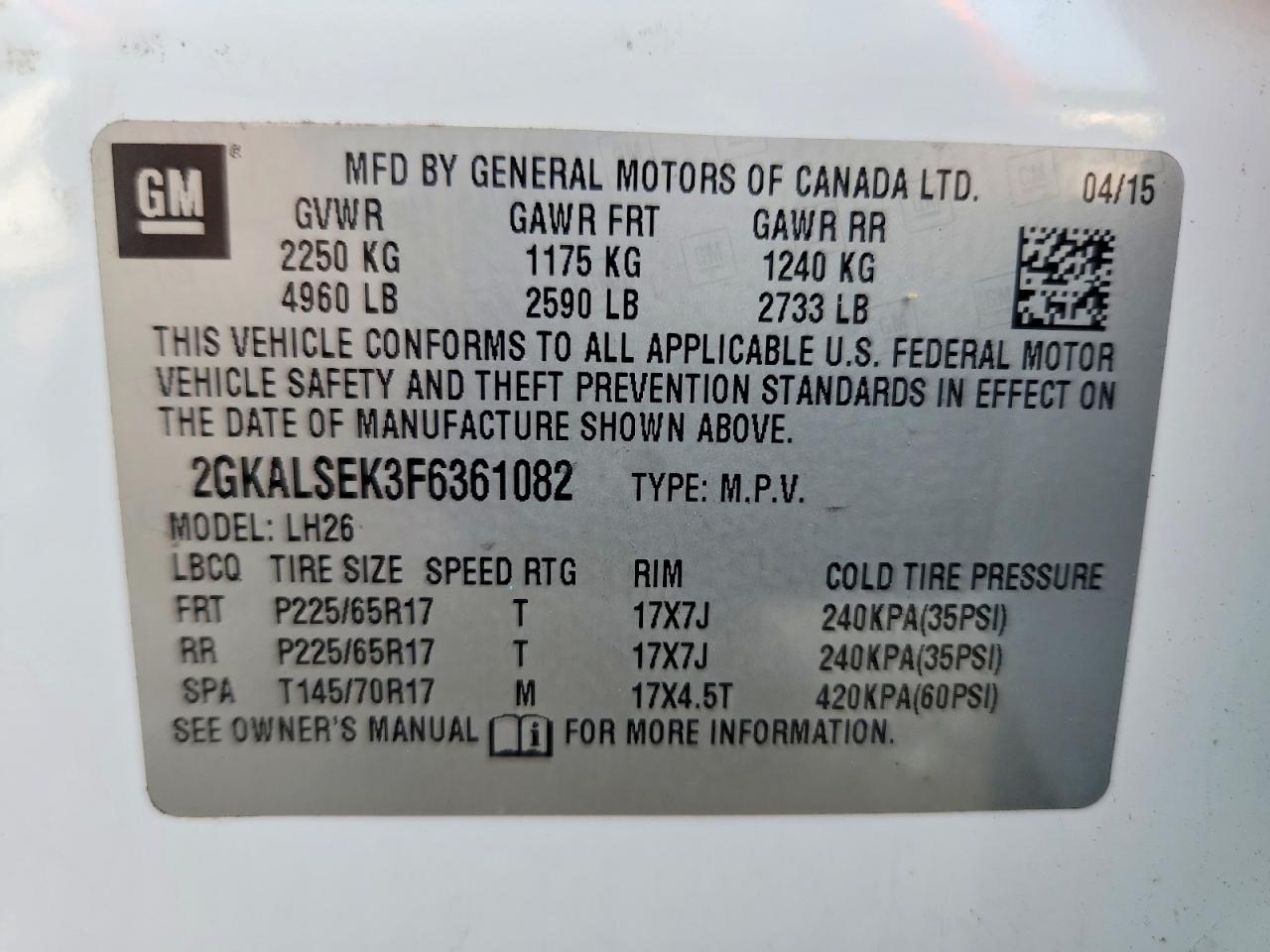 2015 Gmc Terrain Slt White vin: 2GKALSEK3F6361082