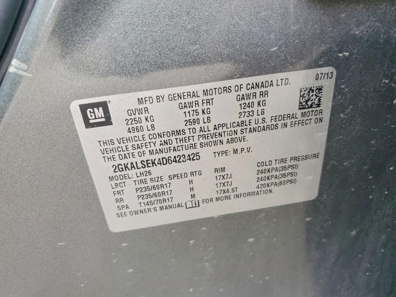 2013 Gmc Terrain Sle Charcoal vin: 2GKALSEK4D6423425