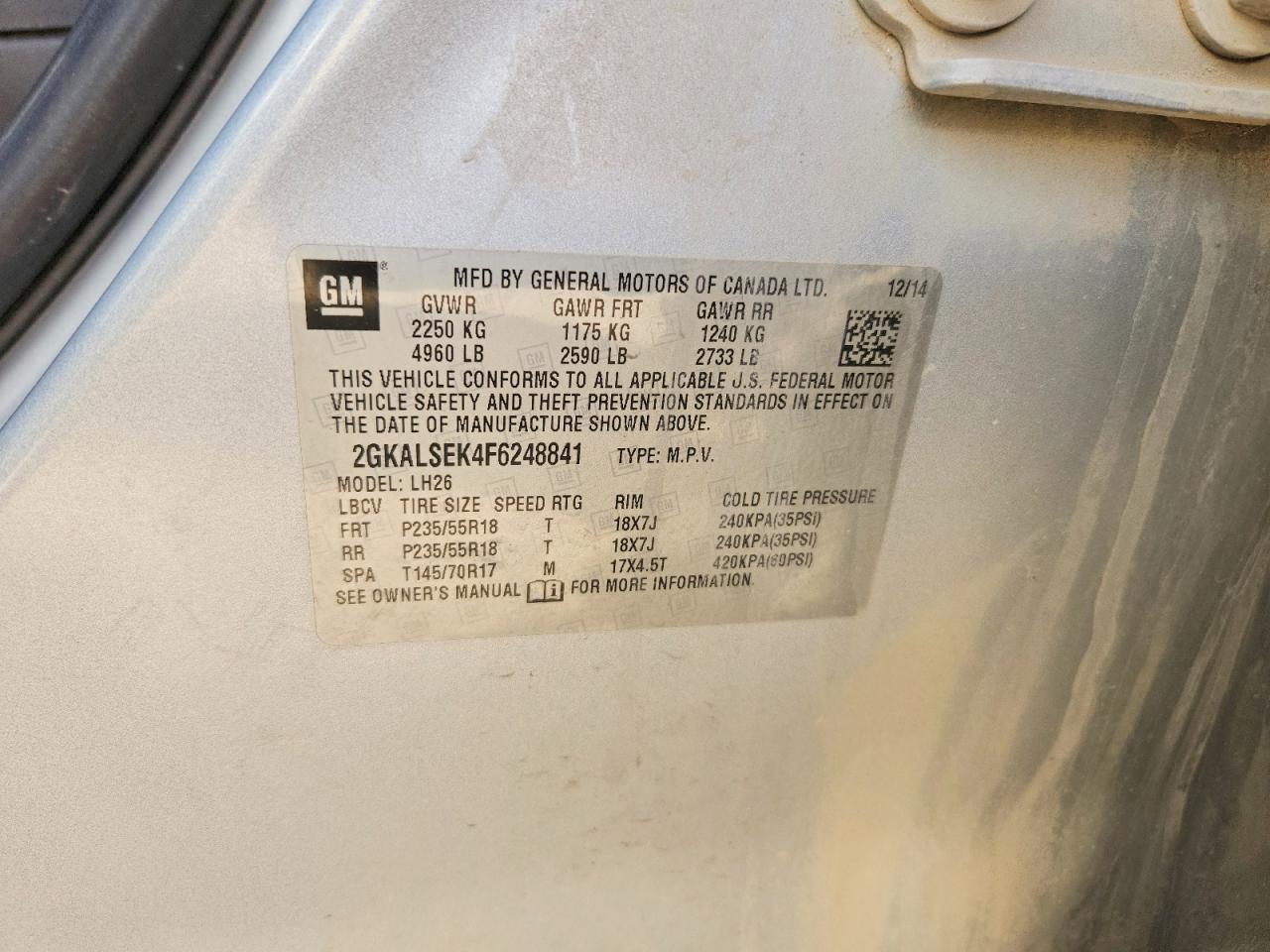 2015 Gmc Terrain Slt Silver vin: 2GKALSEK4F6248841