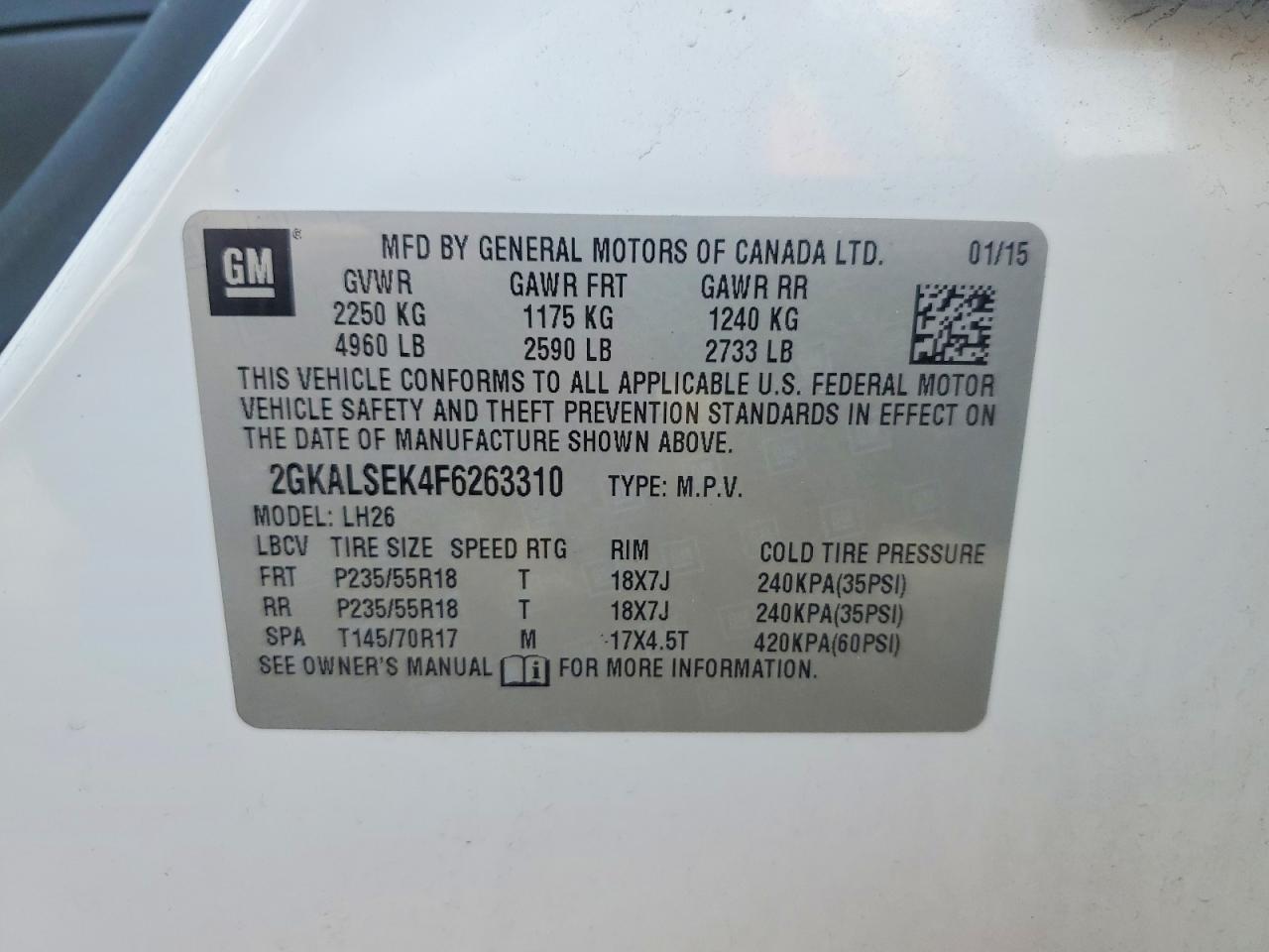 2015 Gmc Terrain Slt White vin: 2GKALSEK4F6263310