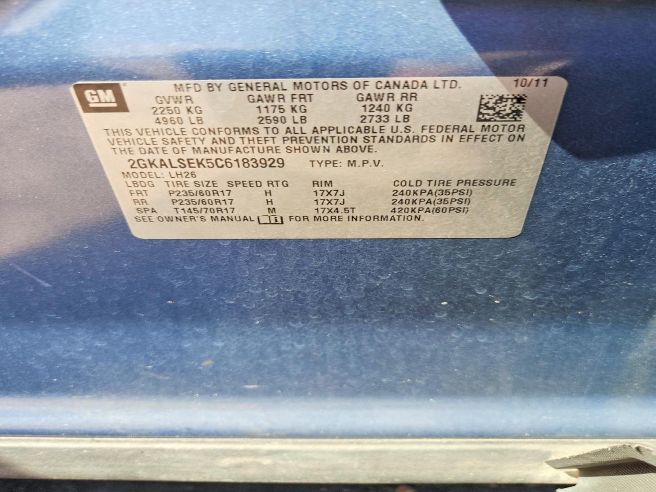 2012 Gmc Terrain Sle Blue vin: 2GKALSEK5C6183929