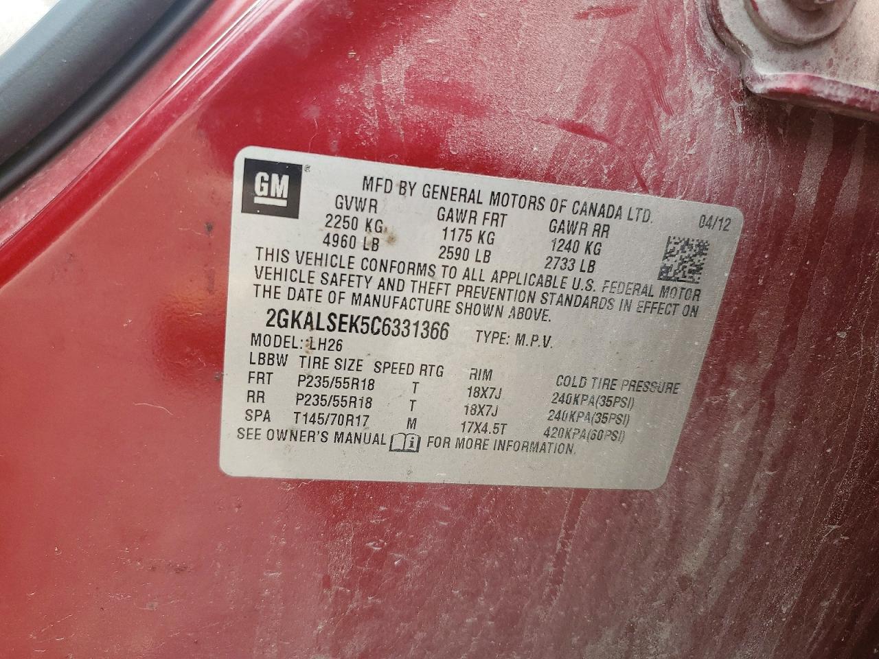 2012 Gmc Terrain Sle Red vin: 2GKALSEK5C6331366