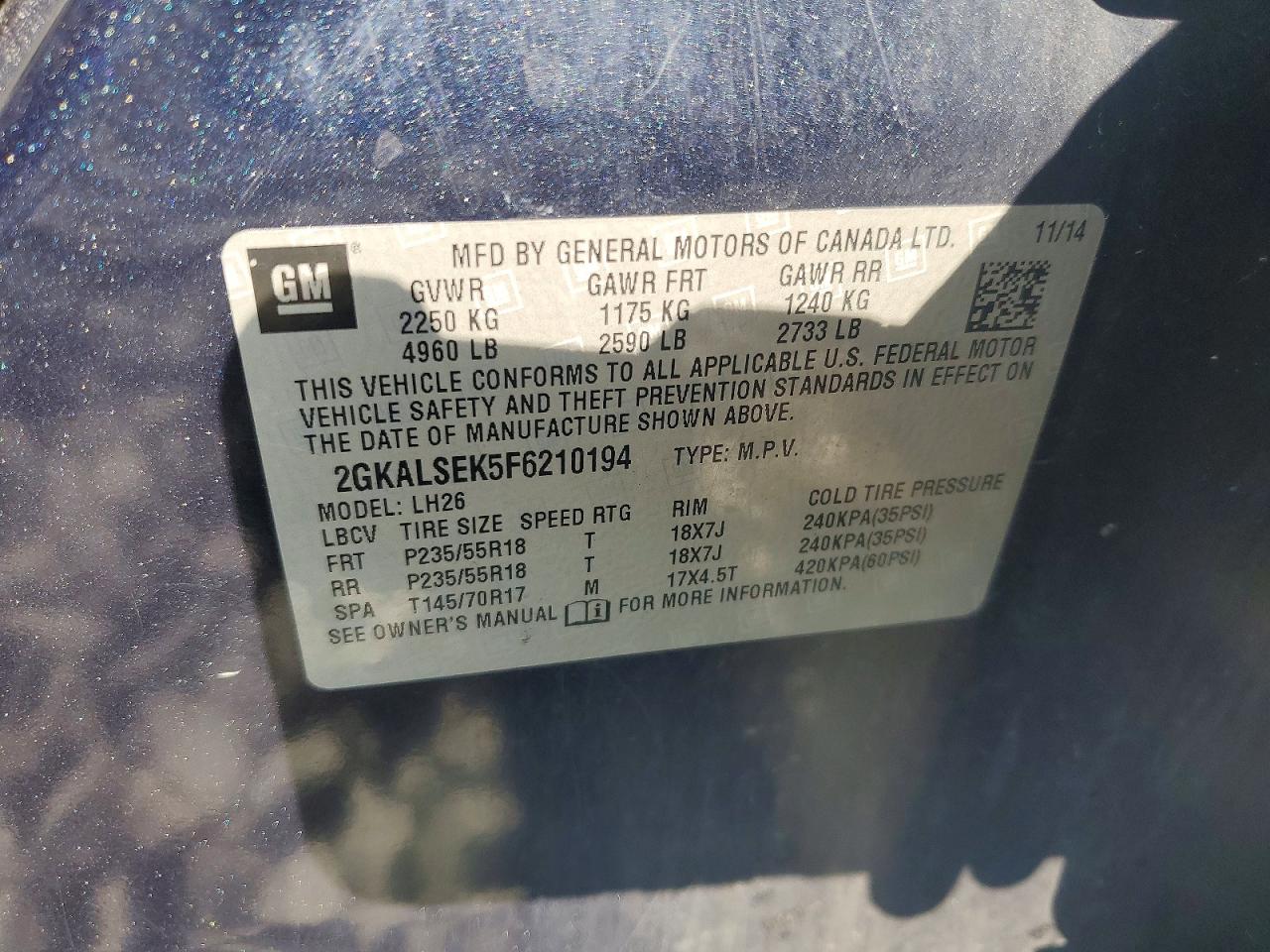 2015 Gmc Terrain Slt Blue vin: 2GKALSEK5F6210194