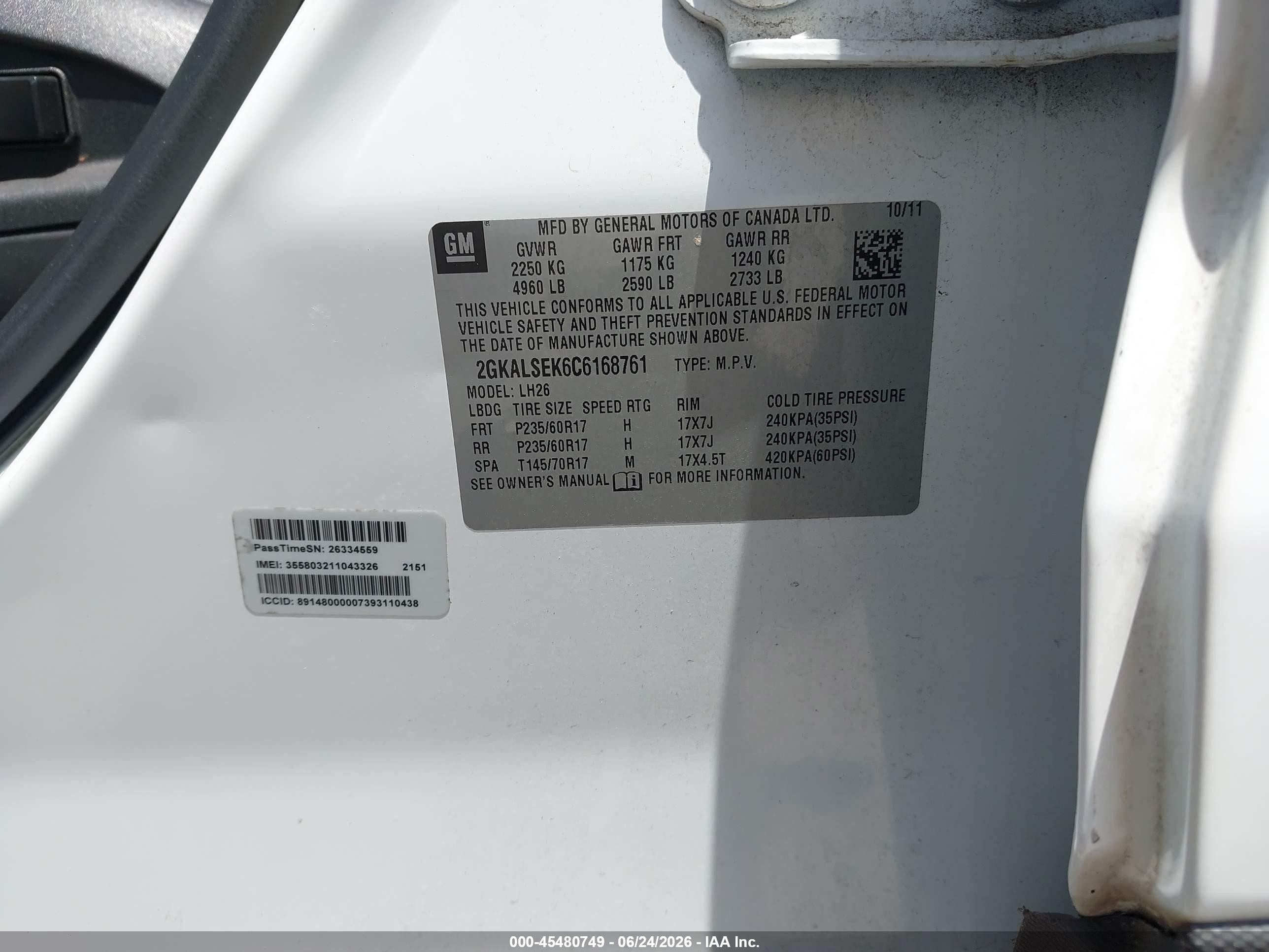 2012 Gmc Terrain Sle-2 White vin: 2GKALSEK6C6168761