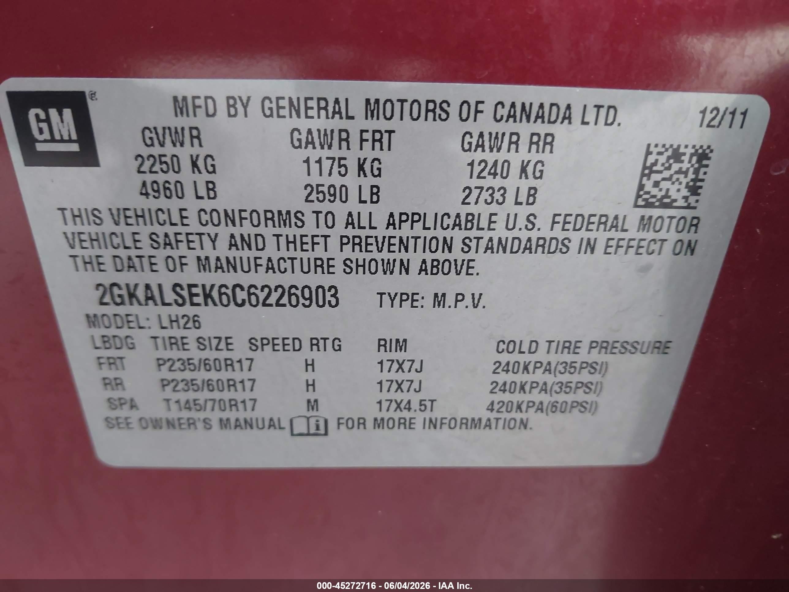 2012 Gmc Terrain Sle-2 Red vin: 2GKALSEK6C6226903