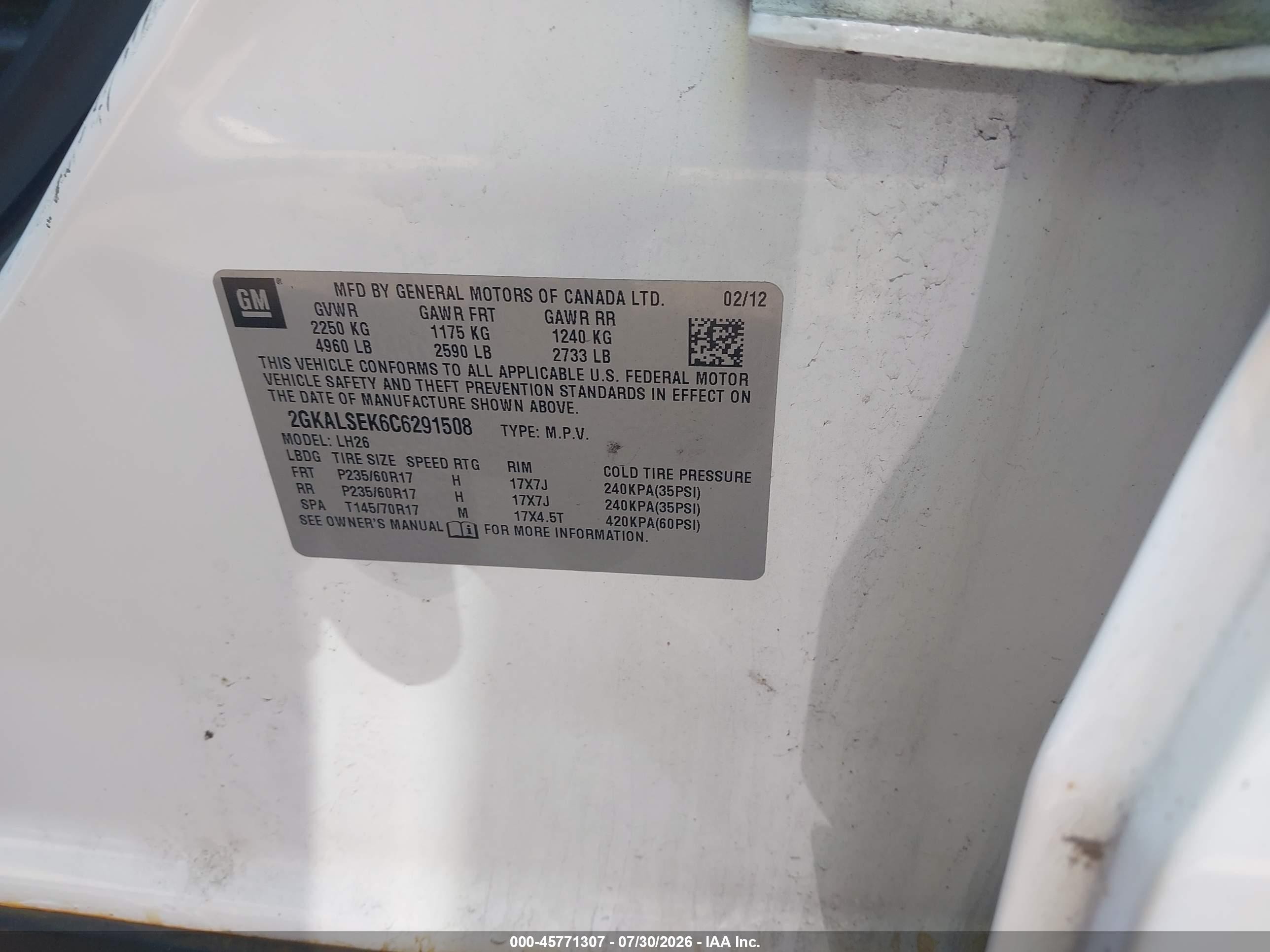 2012 Gmc Terrain Sle-2 White vin: 2GKALSEK6C6291508