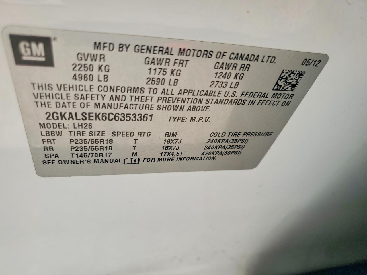 2012 Gmc Terrain Sle White vin: 2GKALSEK6C6353361