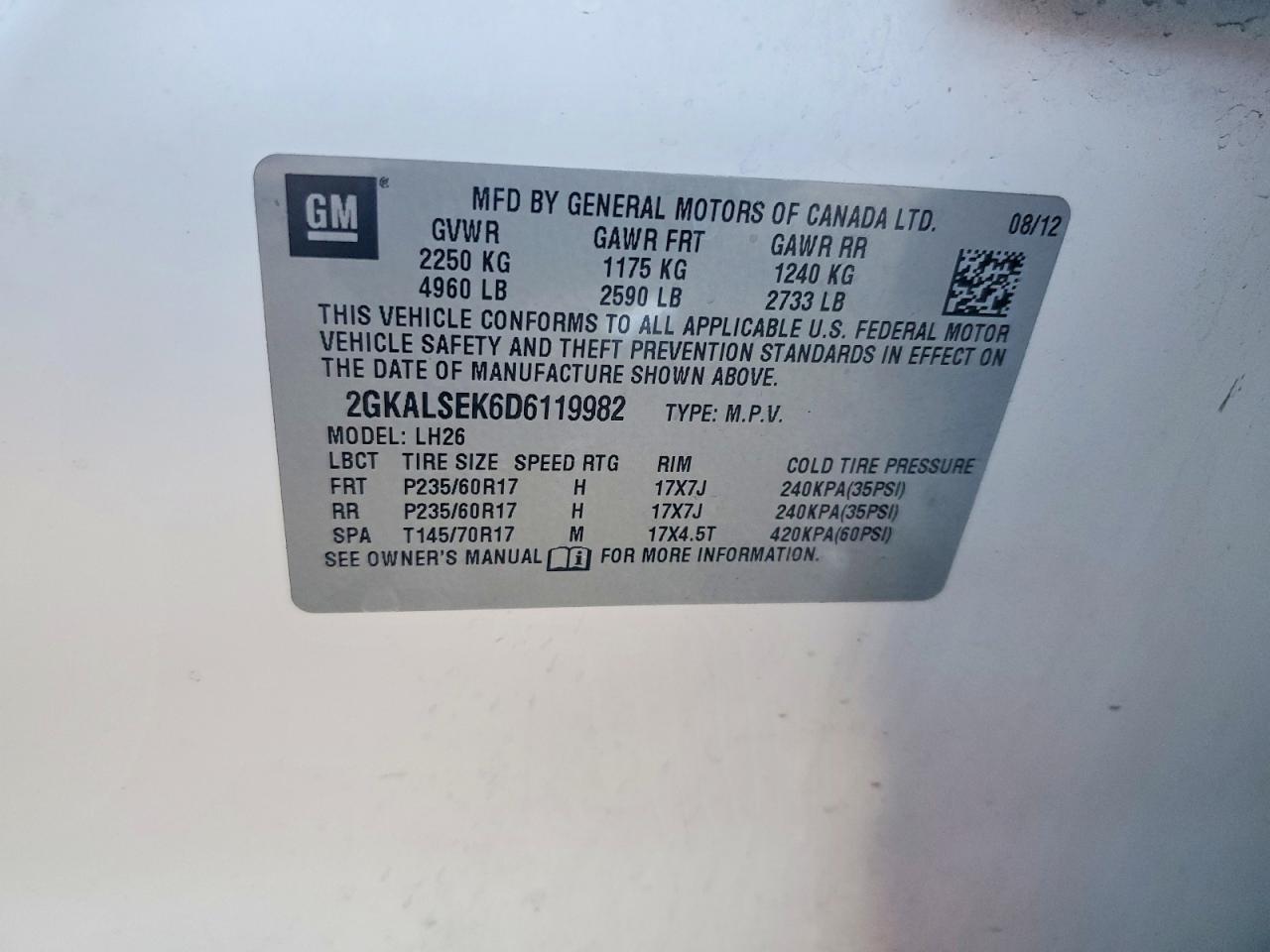 2013 Gmc Terrain Sle White vin: 2GKALSEK6D6119982