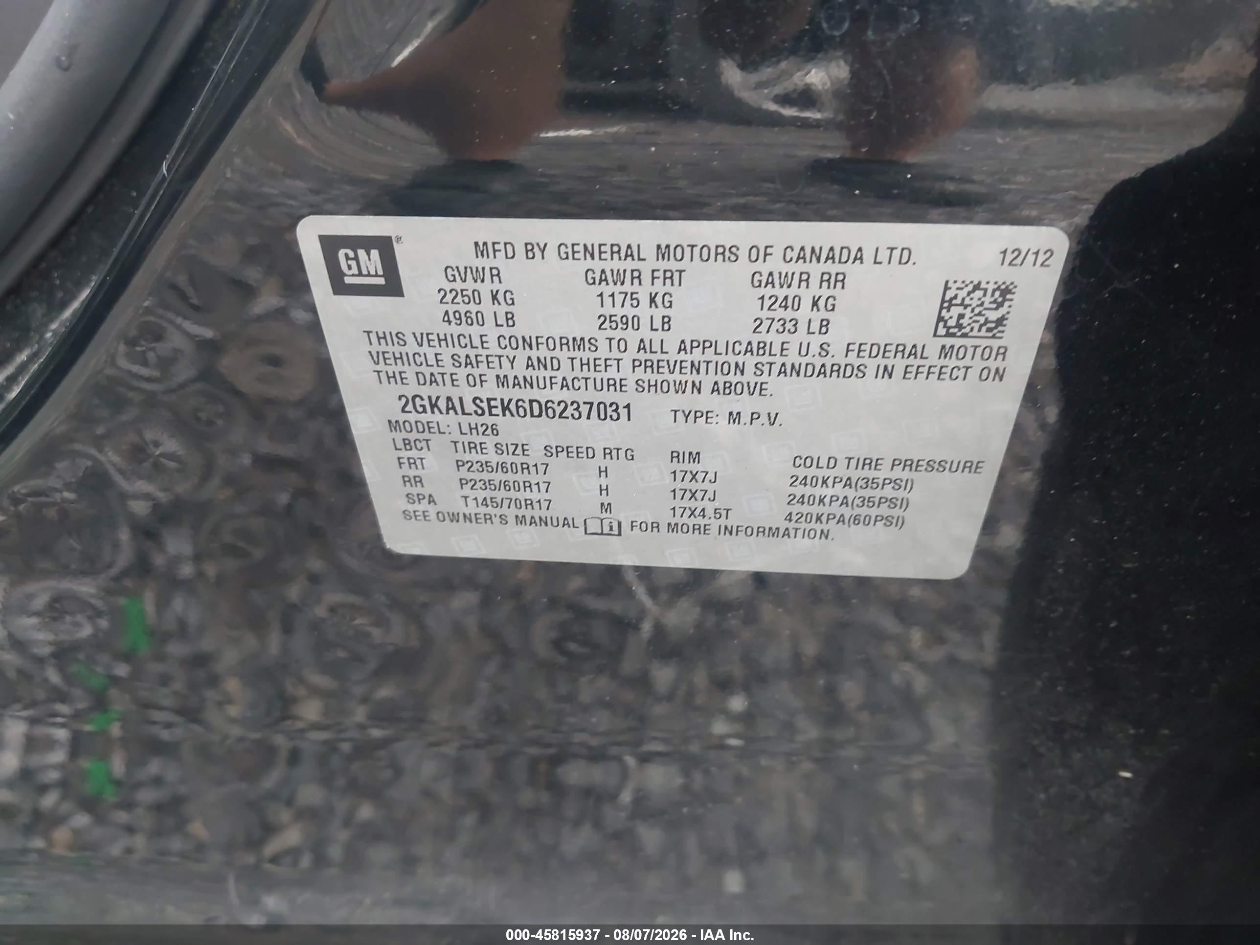 2013 Gmc Terrain Sle-2 Black vin: 2GKALSEK6D6237031