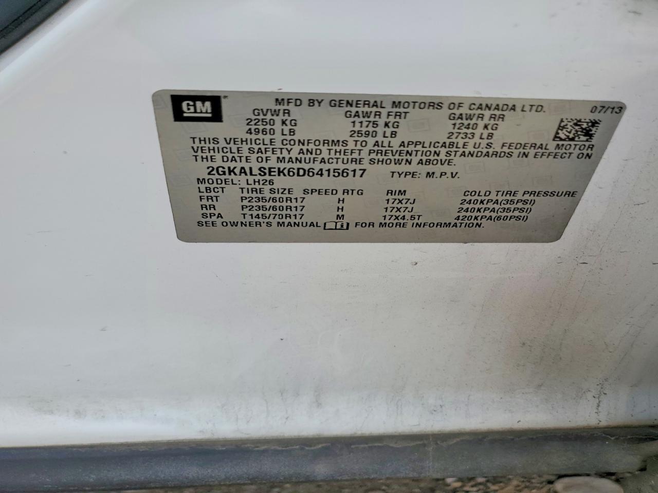 2013 Gmc Terrain Sle White vin: 2GKALSEK6D6415617