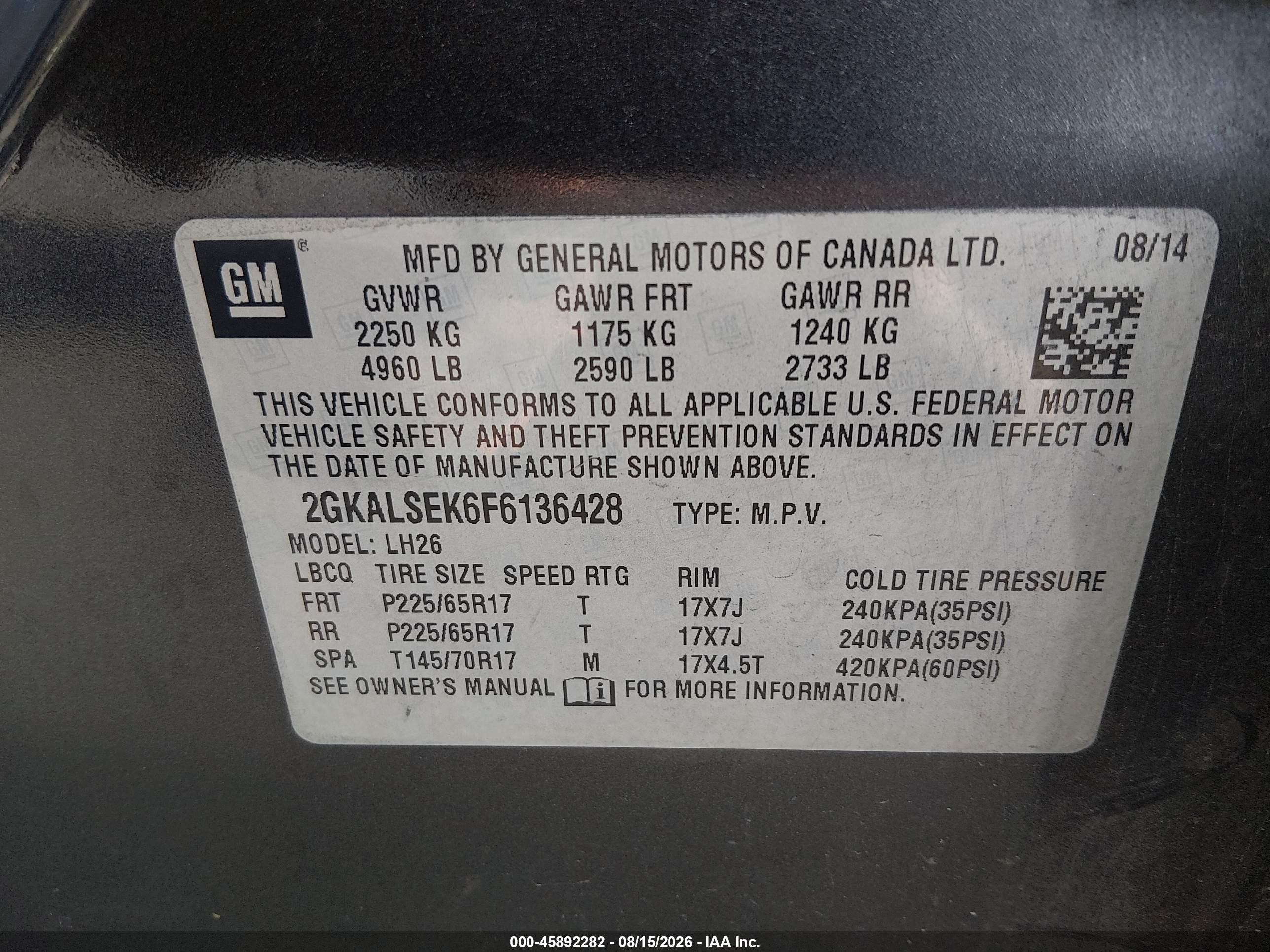 2015 Gmc Terrain Slt-1 Gray vin: 2GKALSEK6F6136428